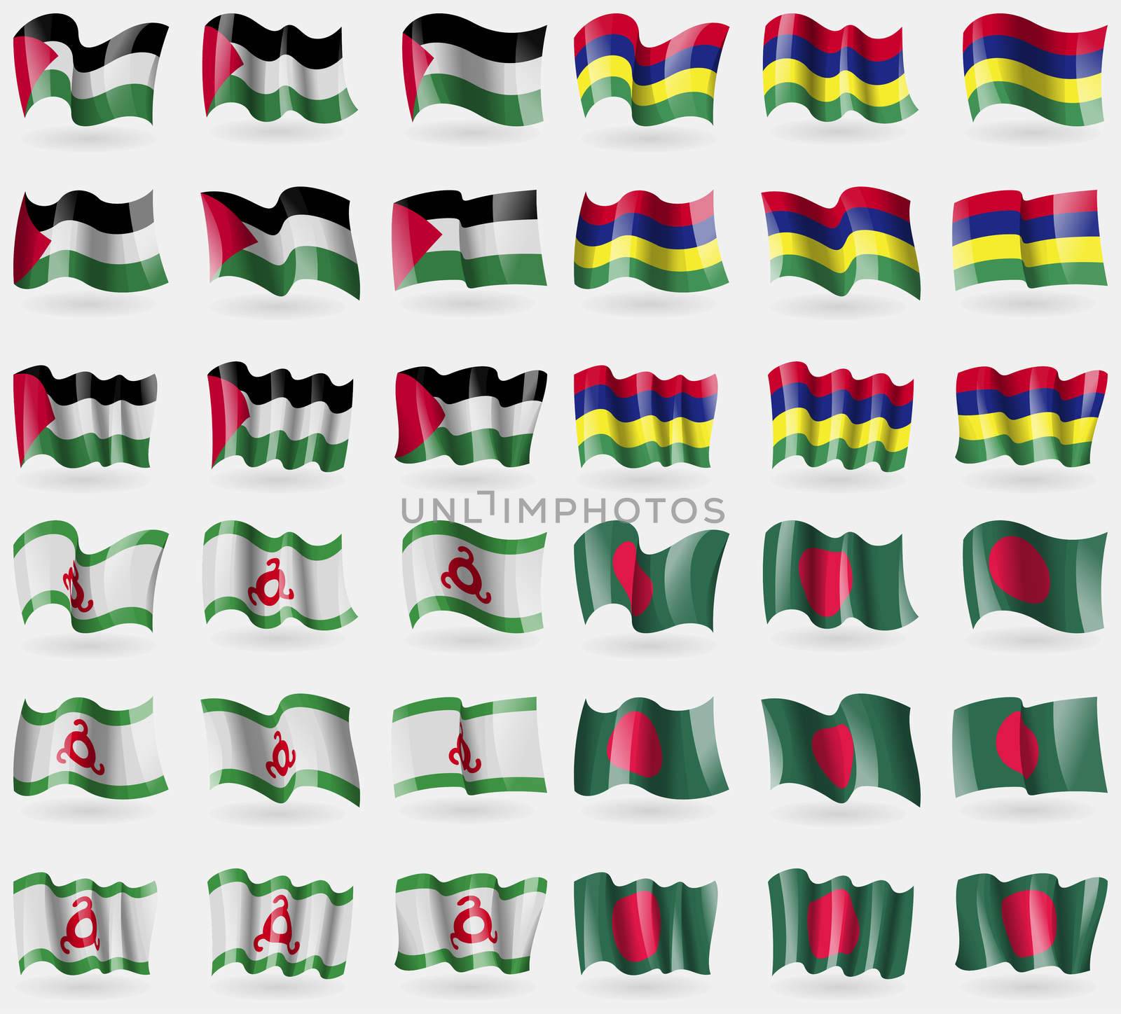 Palestine, Mauritius, Ingushetia, Bangladesh. Set of 36 flags of the countries of the world. illustration