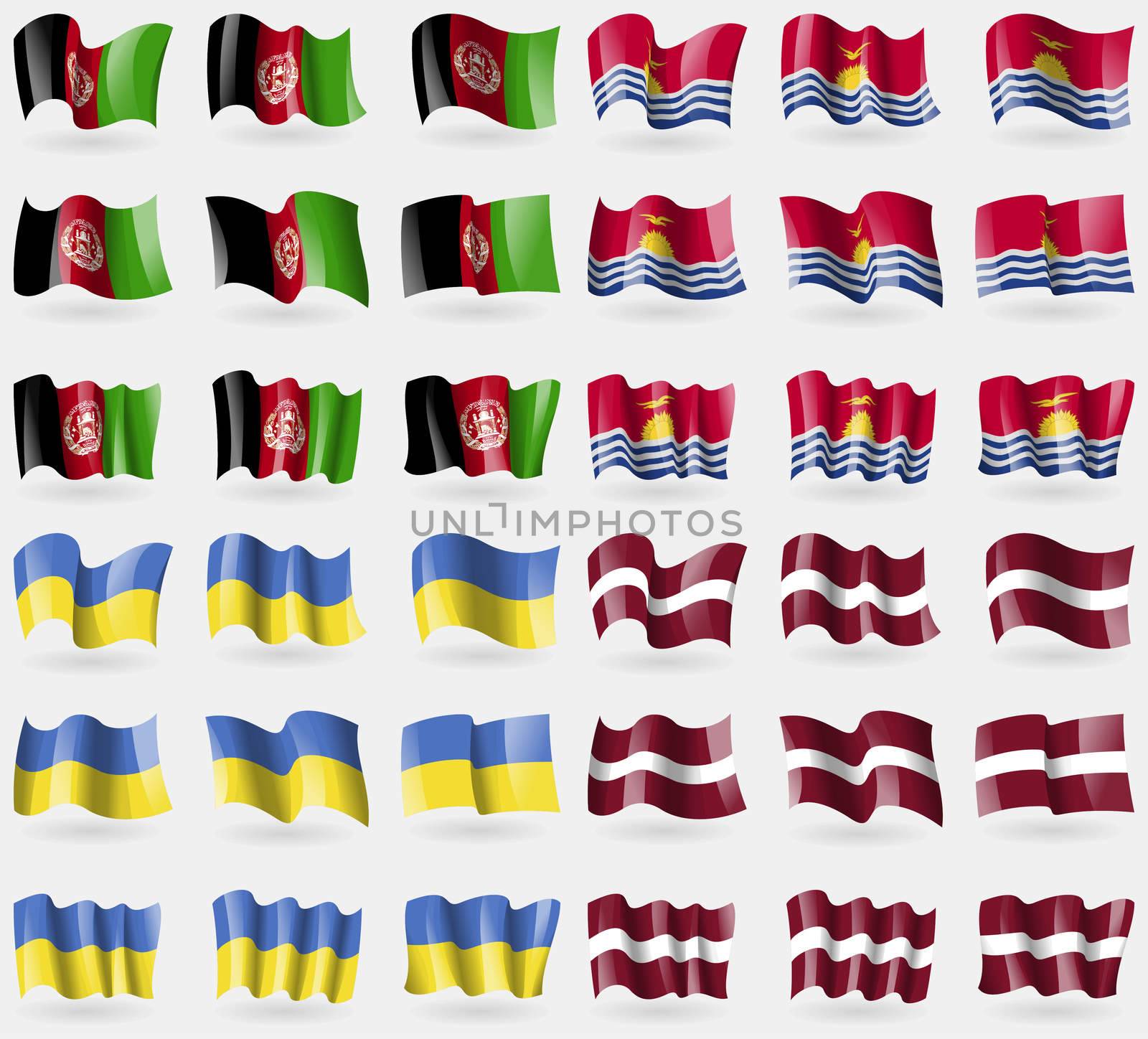 Afghanistan, Kiribati, Ukraine, Latvia. Set of 36 flags of the countries of the world. illustration