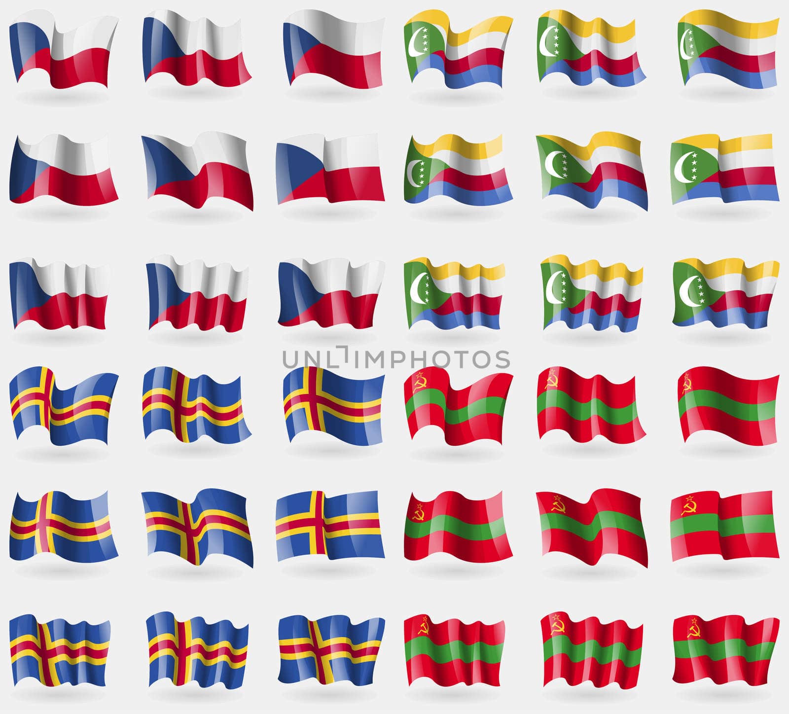 Czech Republic, Comoros, Aland, Transnistria. Set of 36 flags of the countries of the world. illustration