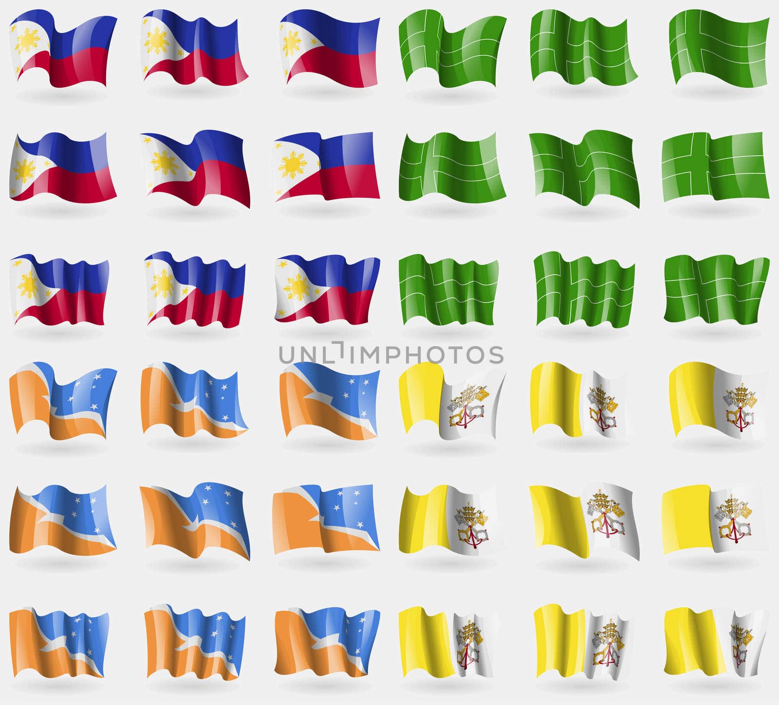 Philippines, Ladonia, Tierra del Fuego Province, Vatican CityHoly See. Set of 36 flags of the countries of the world. illustration