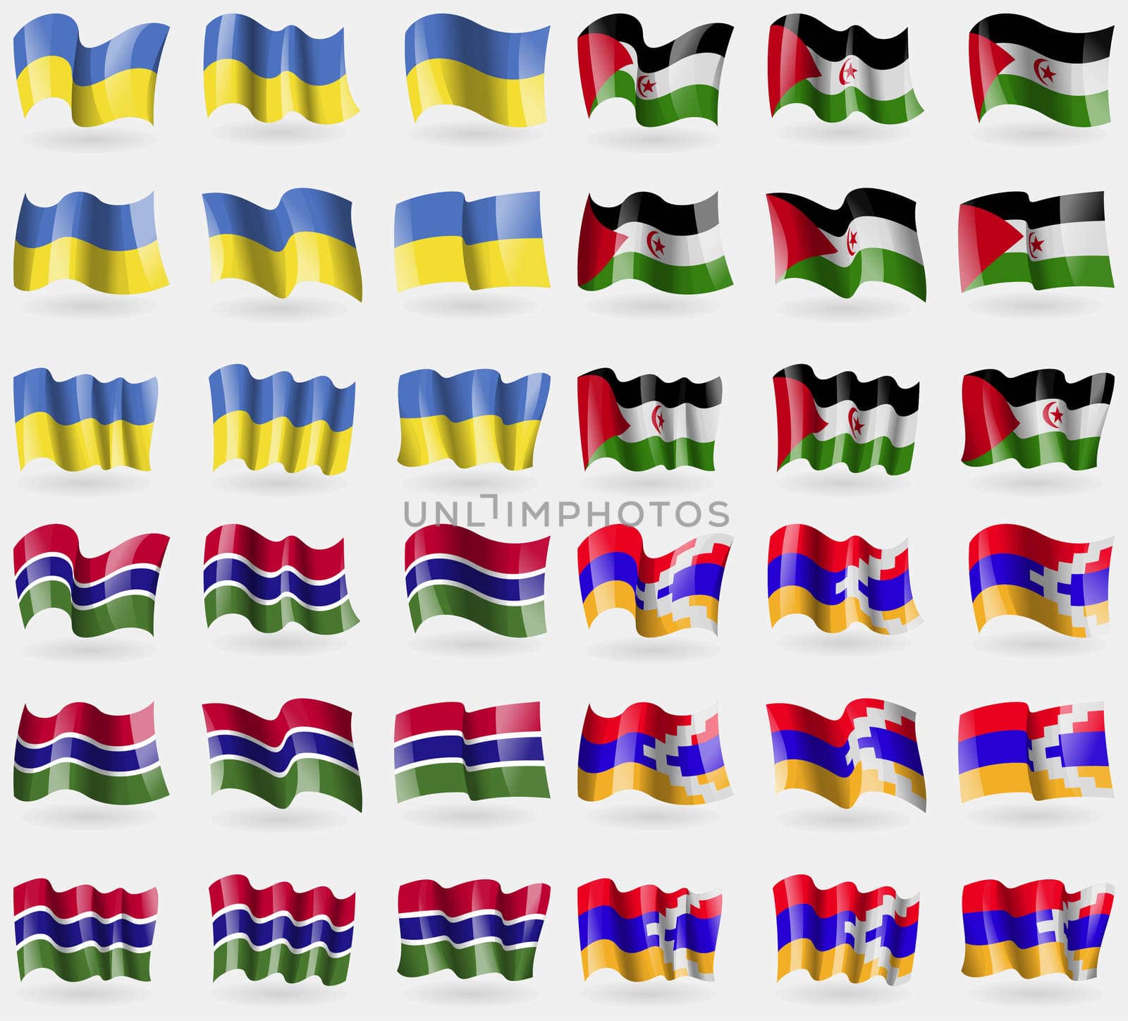 Ukraine, Western Sahara, Gambia, Karabakh Republic. Set of 36 flags of the countries of the world. illustration