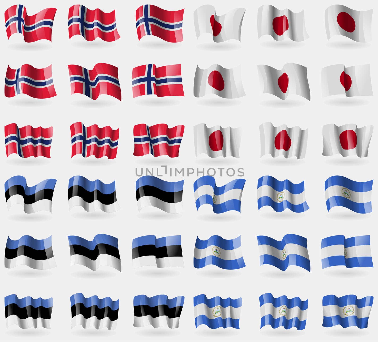 Norway, Japan, Estonia, Nicaragua. Set of 36 flags of the countries of the world.  by serhii_lohvyniuk