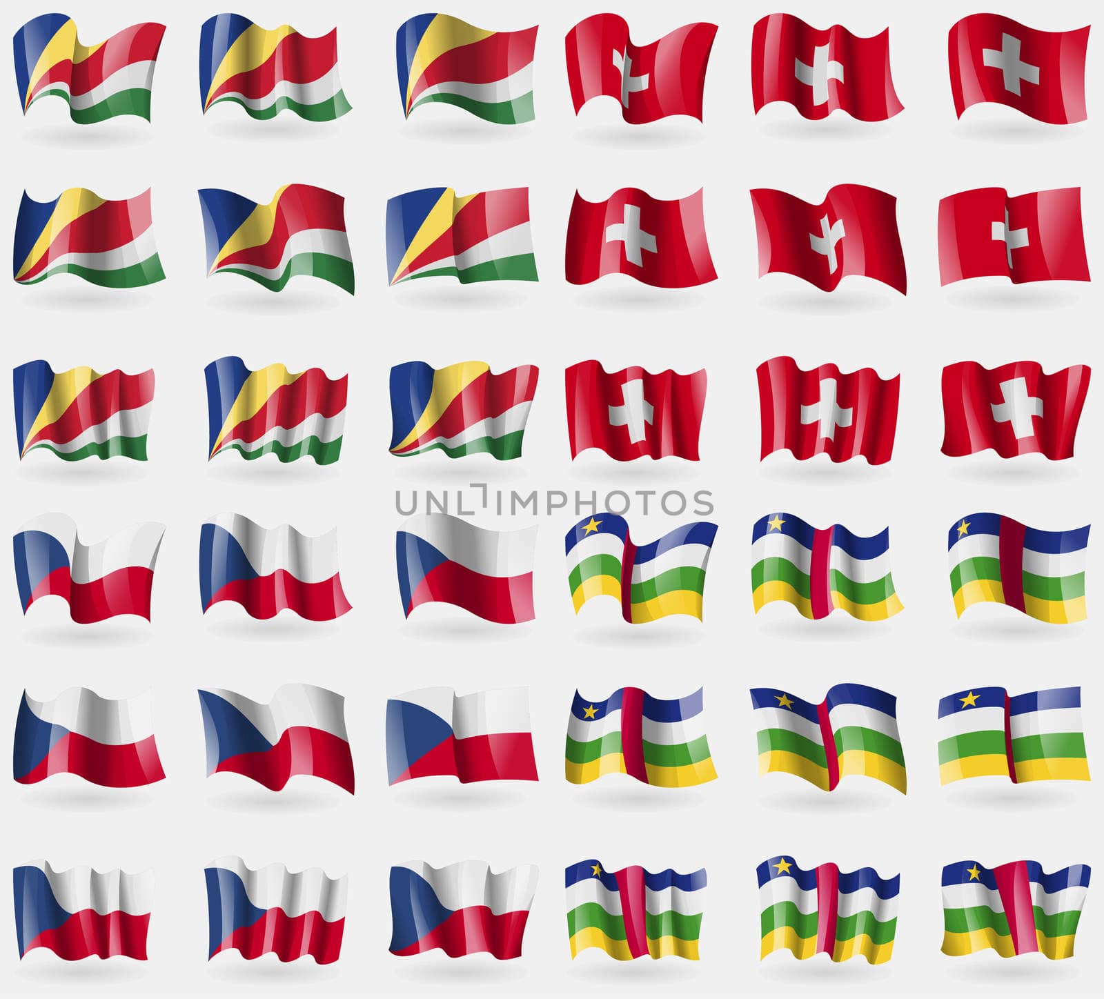 Seychelles, Switzerland, Czech Republic, Central African Republic. Set of 36 flags of the countries of the world.  by serhii_lohvyniuk