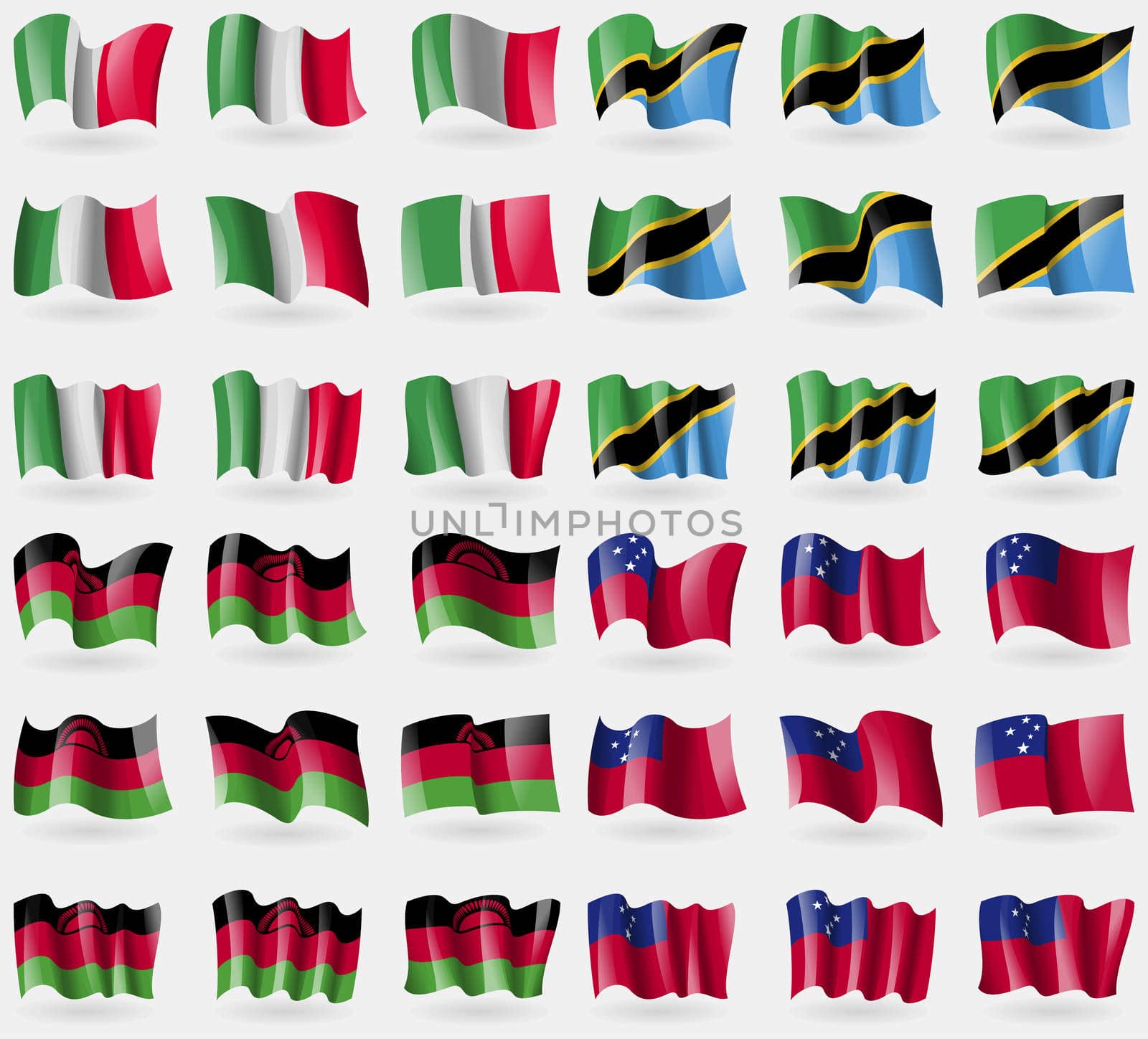 Italy, Tanzania, Malawi, Samoa. Set of 36 flags of the countries of the world.  by serhii_lohvyniuk