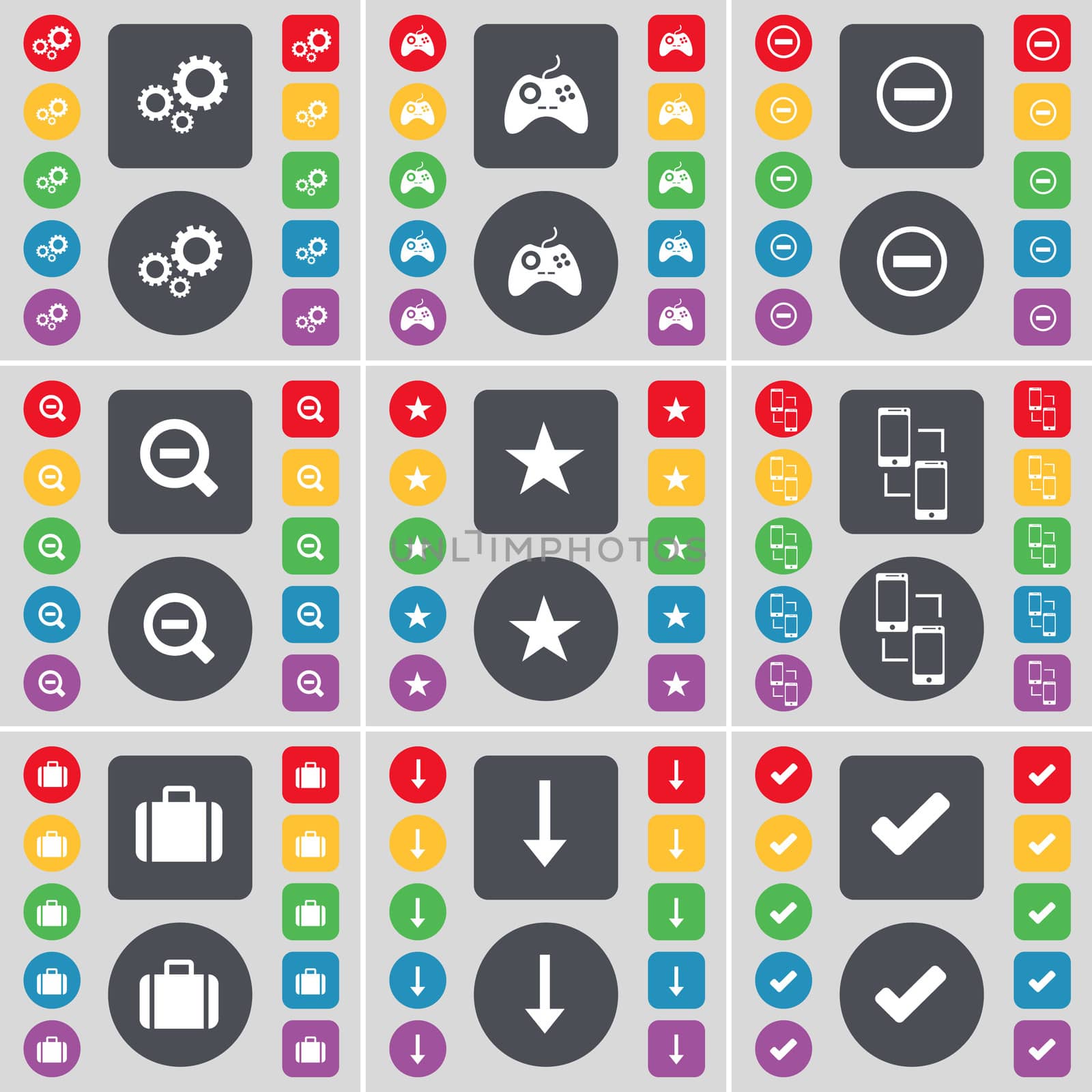 Gear, Gamepad, Minus, Magnifying glass, Star, Connection, Suitcase, Arrow down, Tick icon symbol. A large set of flat, colored buttons for your design. illustration