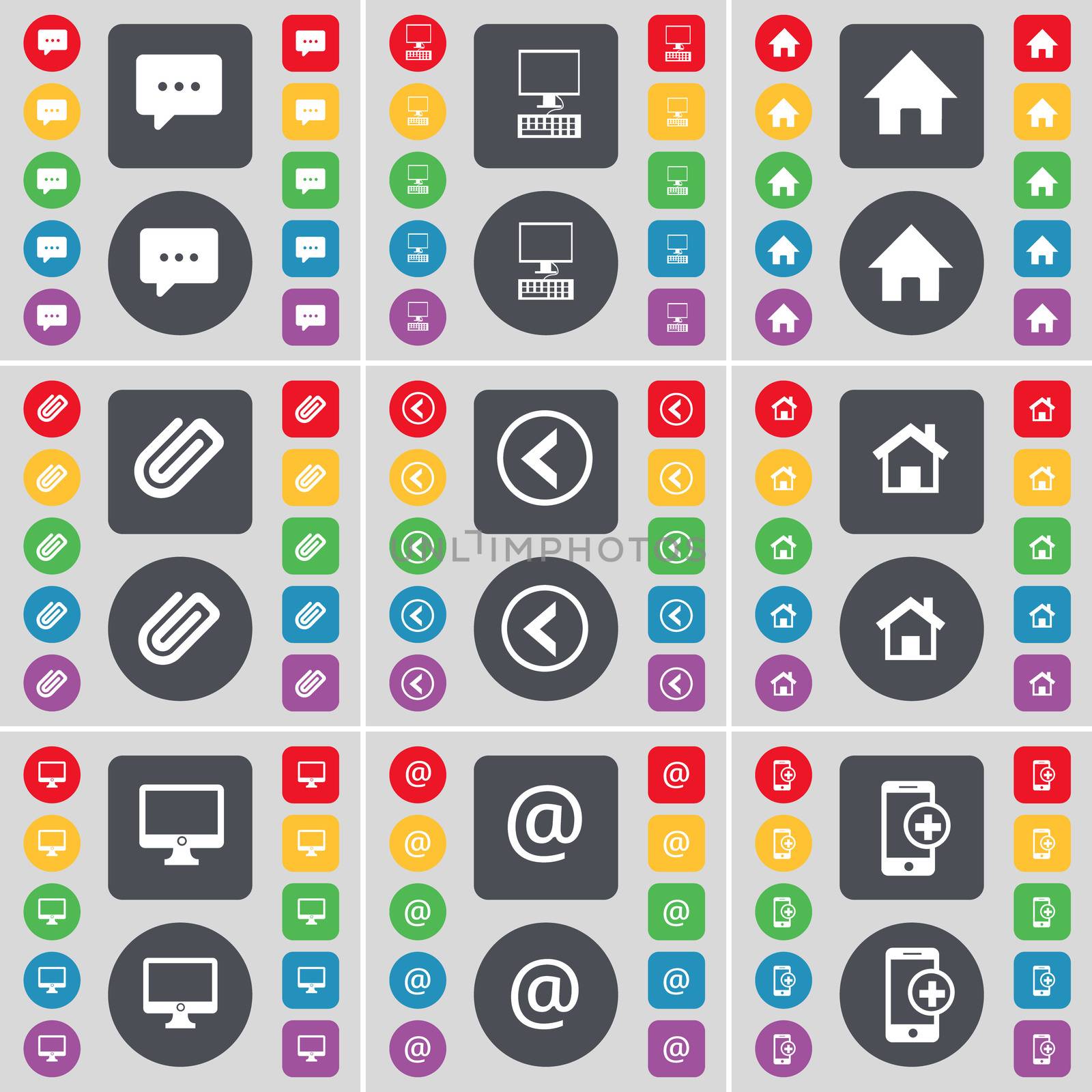 Chat bubble, Monitor, House, Clip, Arrow left, House, Monitor, Mail, Smartphone icon symbol. A large set of flat, colored buttons for your design. illustration