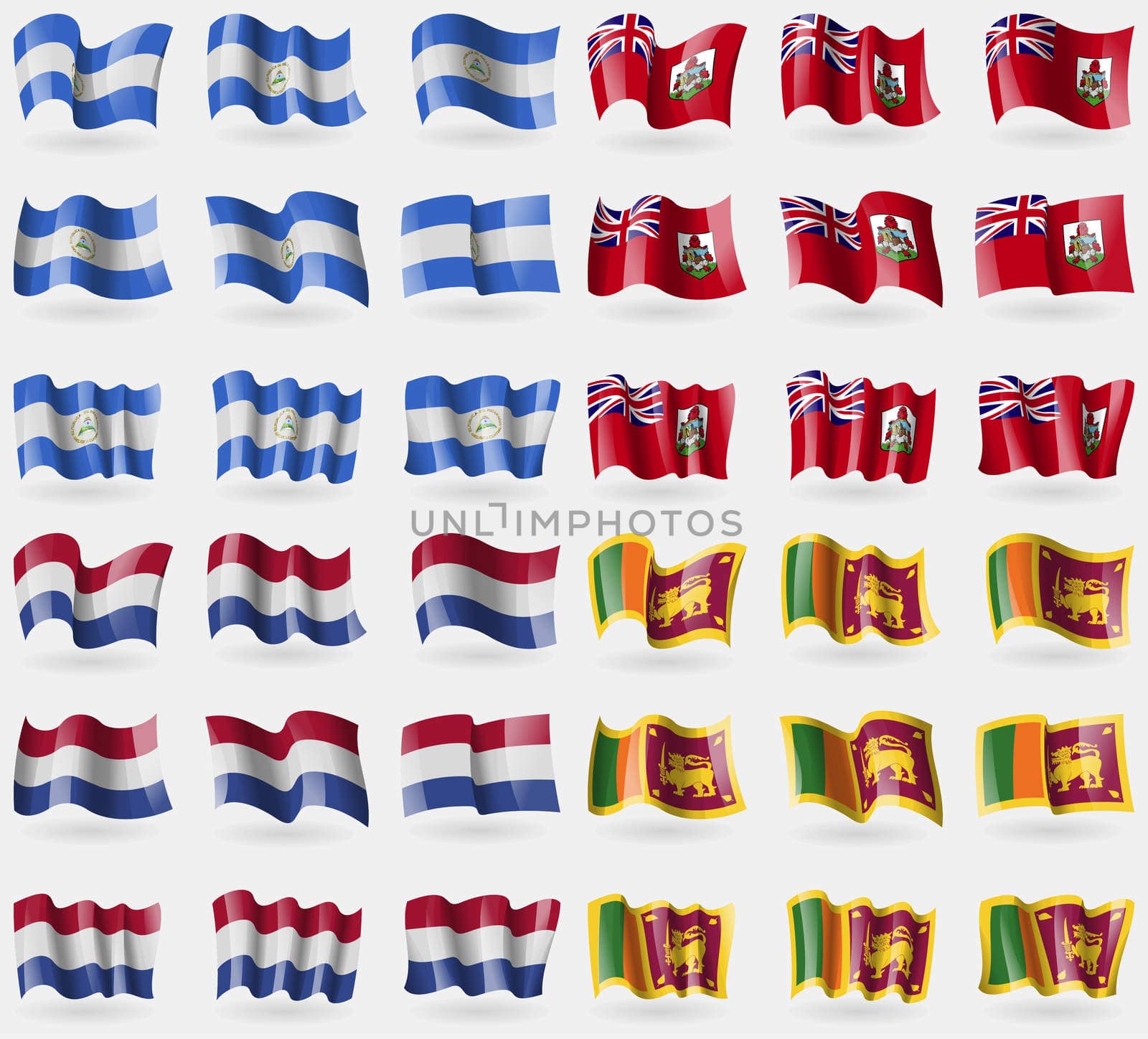 Nicaragua, Bermuda, Netherlands, Sri Lanka. Set of 36 flags of the countries of the world. illustration