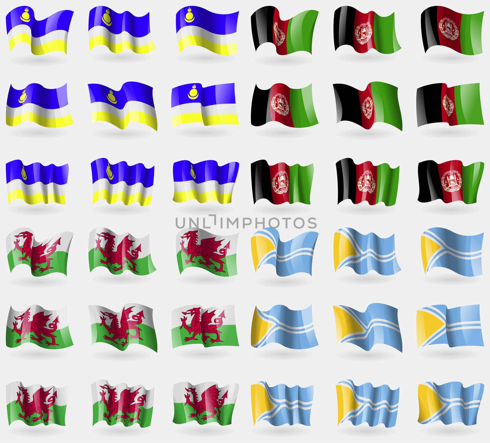 Buryatia, Afghanistan, Wales, Tuva. Set of 36 flags of the countries of the world. illustration