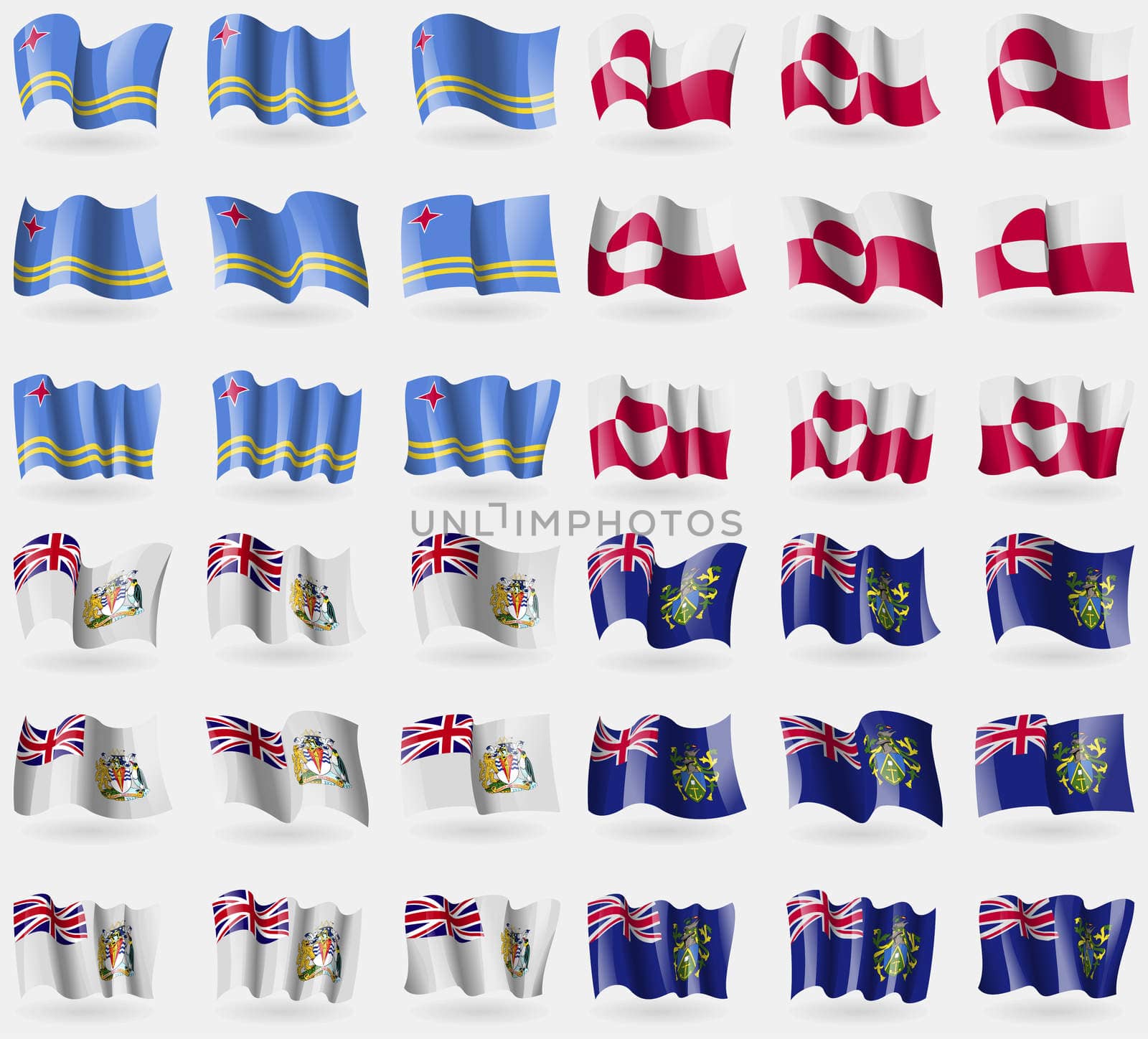 Aruba, Greenland, British Antarctic Territory, Pitcairn Islands. Set of 36 flags of the countries of the world. illustration