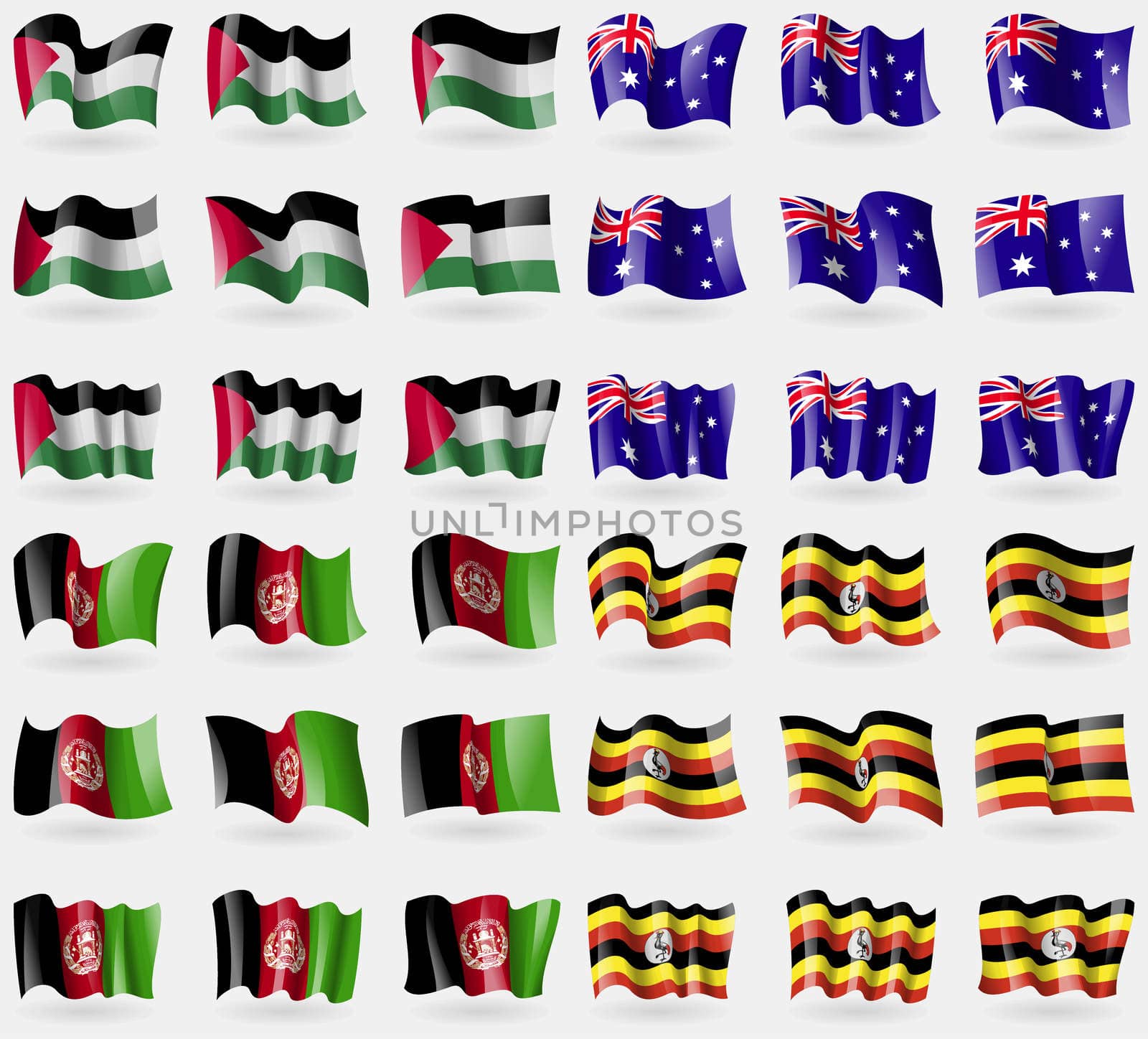 Palestine, Australia, Afghanistan, Uganda. Set of 36 flags of the countries of the world. illustration