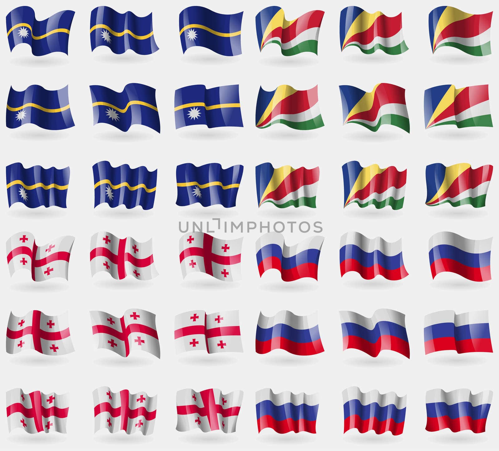 Nauru, Seychelles, Georgia, Russia. Set of 36 flags of the countries of the world. illustration