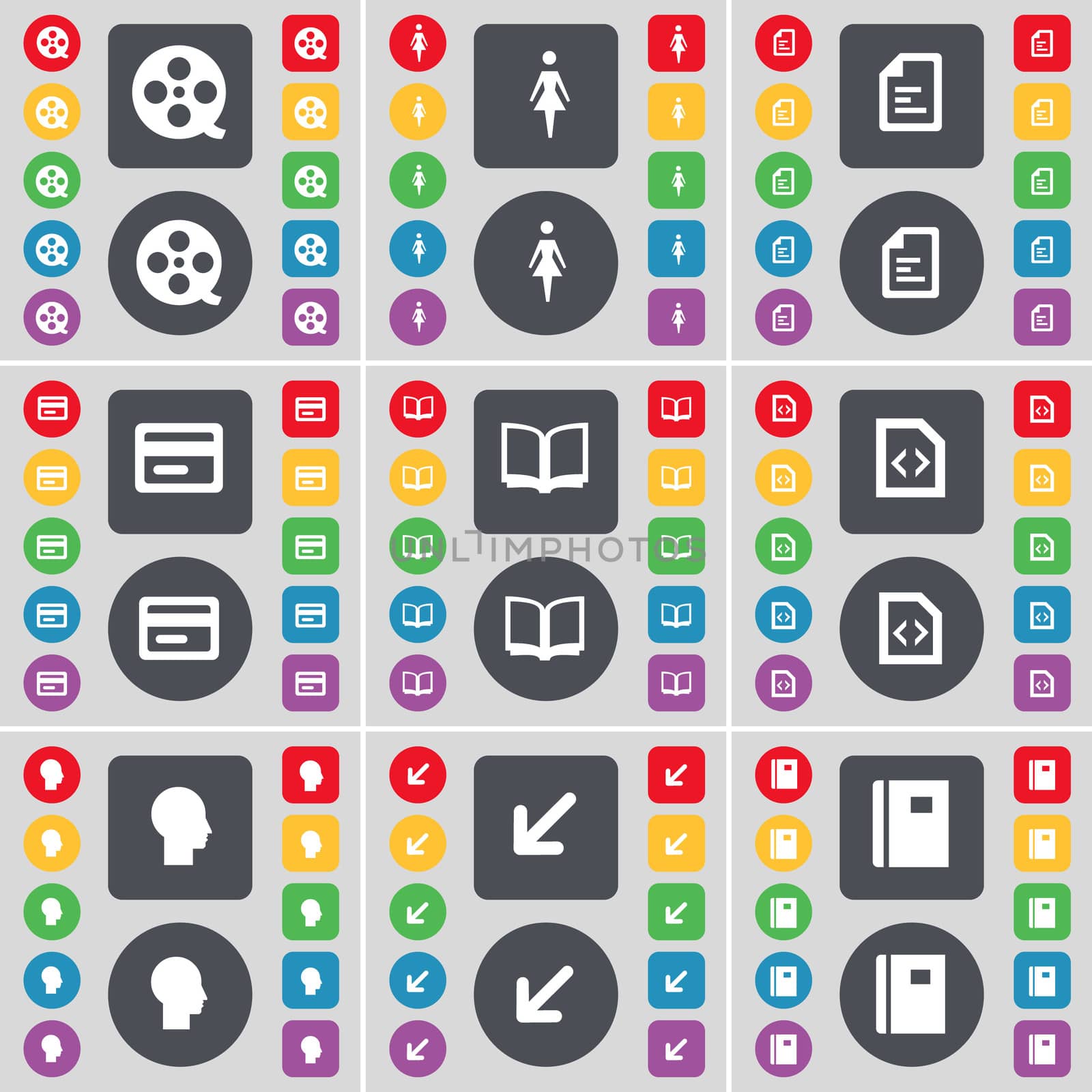Videotape, Silhouette, Text file, Credit card, Book, File, Silhouette, Deploying screen, Notebook icon symbol. A large set of flat, colored buttons for your design. illustration