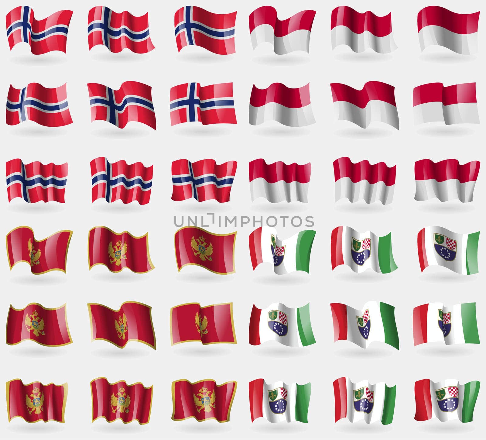 Norway, Indonesia, Montenegro, Bosnia and Herzegovina Federation. Set of 36 flags of the countries of the world.  by serhii_lohvyniuk