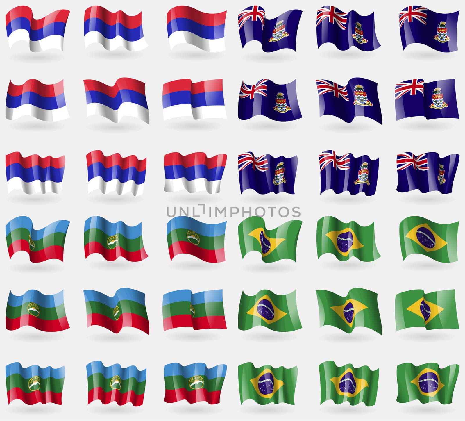 Republika Srpska, Cayman Islands, KarachayCherkessia, Brazil. Set of 36 flags of the countries of the world.  by serhii_lohvyniuk