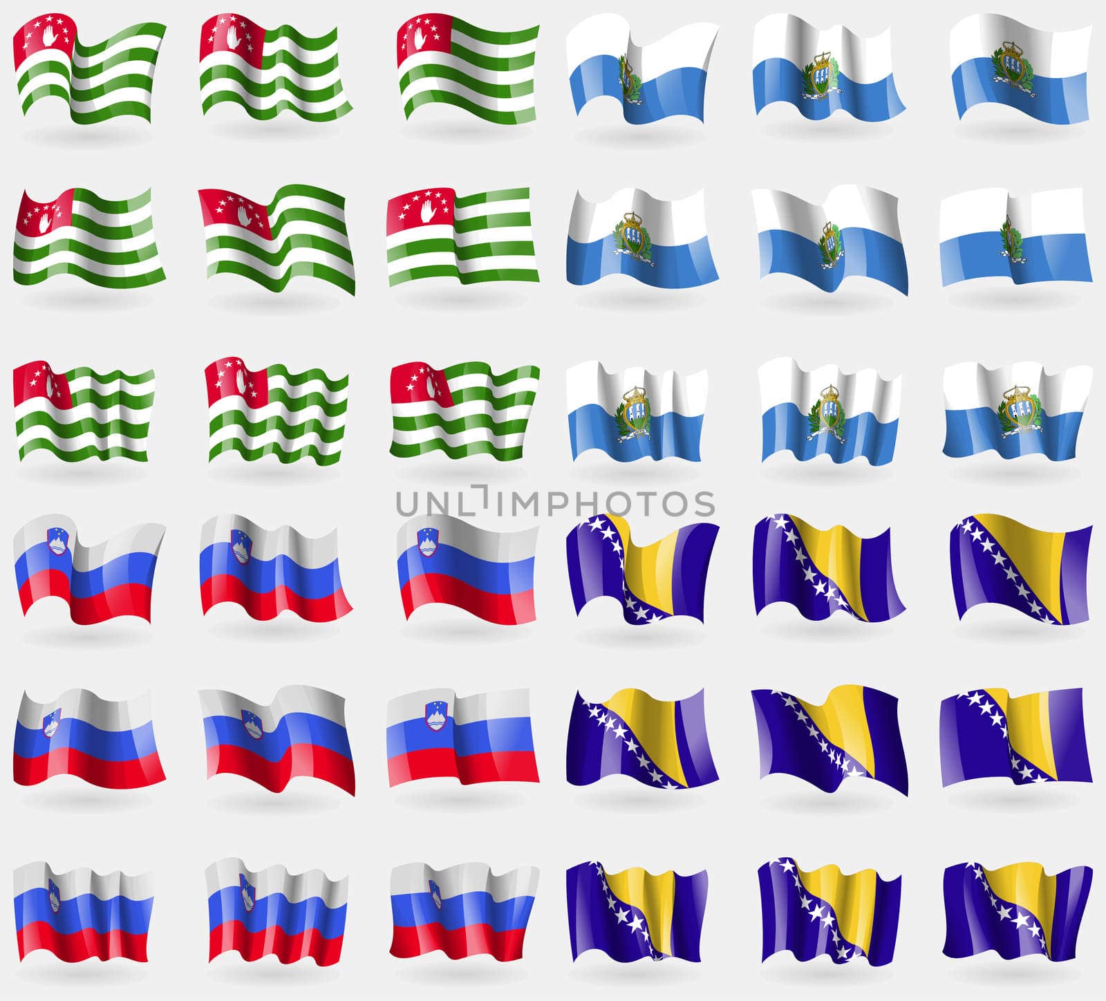 Abkhazia, San Marino, Slovenia, Bosnia and Herzegovina. Set of 36 flags of the countries of the world. illustration