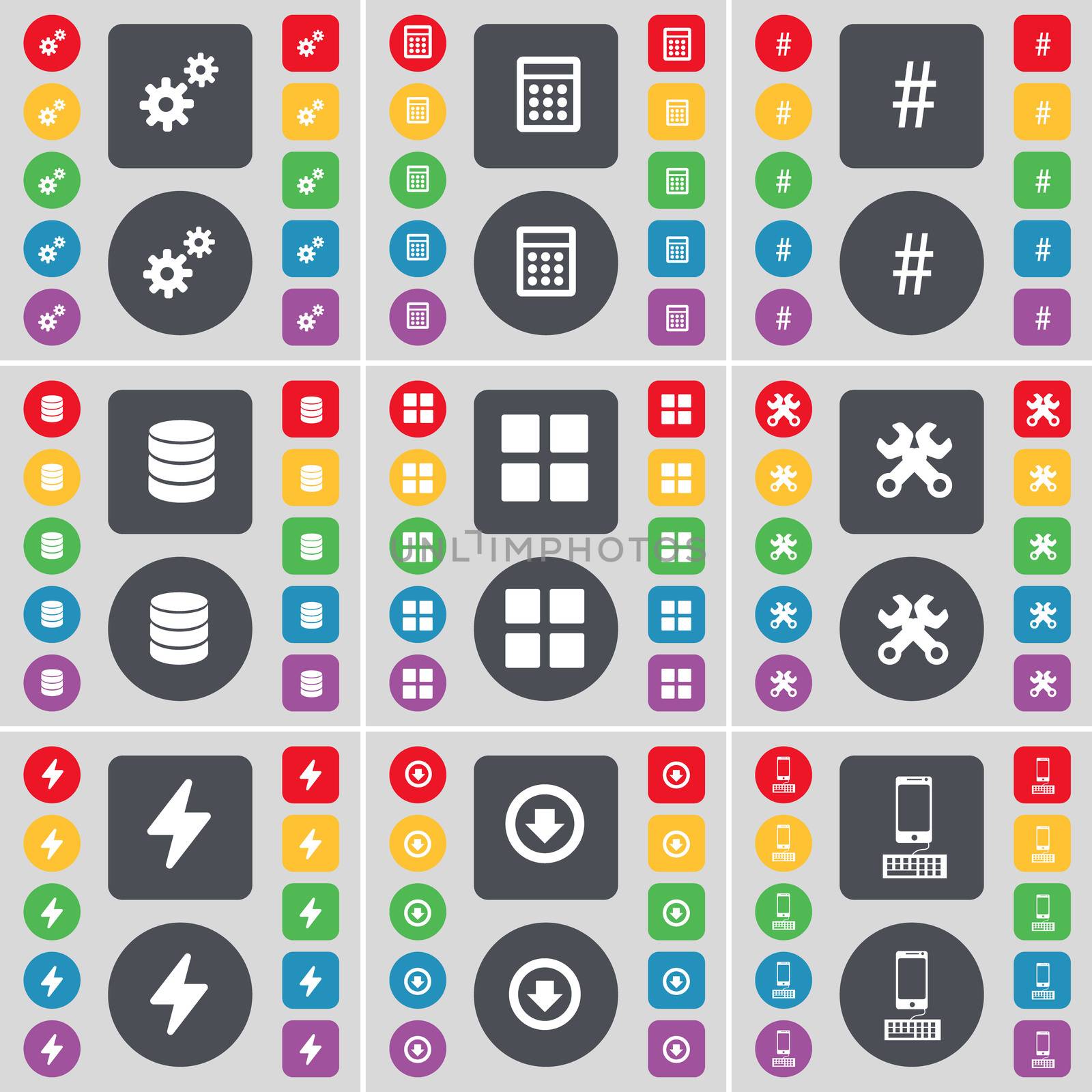 Gear, Calculator, Hashtag, Database, Apps, Wrench, Flash, Arrow down, Smartphone icon symbol. A large set of flat, colored buttons for your design. illustration