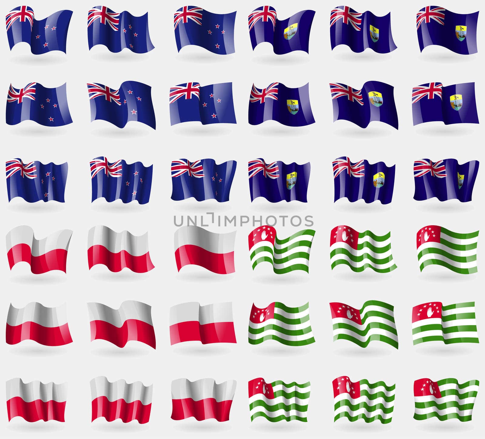 New Zeland, Saint Helena, Poland, Abkhazia. Set of 36 flags of the countries of the world. illustration