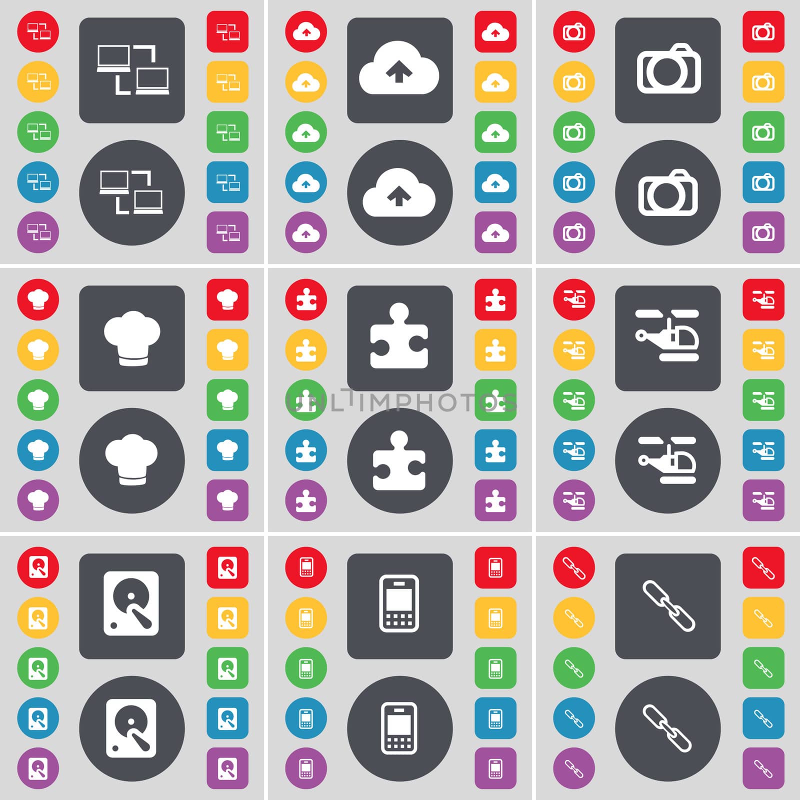 Connection, Cloud, Camera, Cooking hat, Puzzle part, Helicopter, Hard drive, Mobile phone, Link icon symbol. A large set of flat, colored buttons for your design. illustration