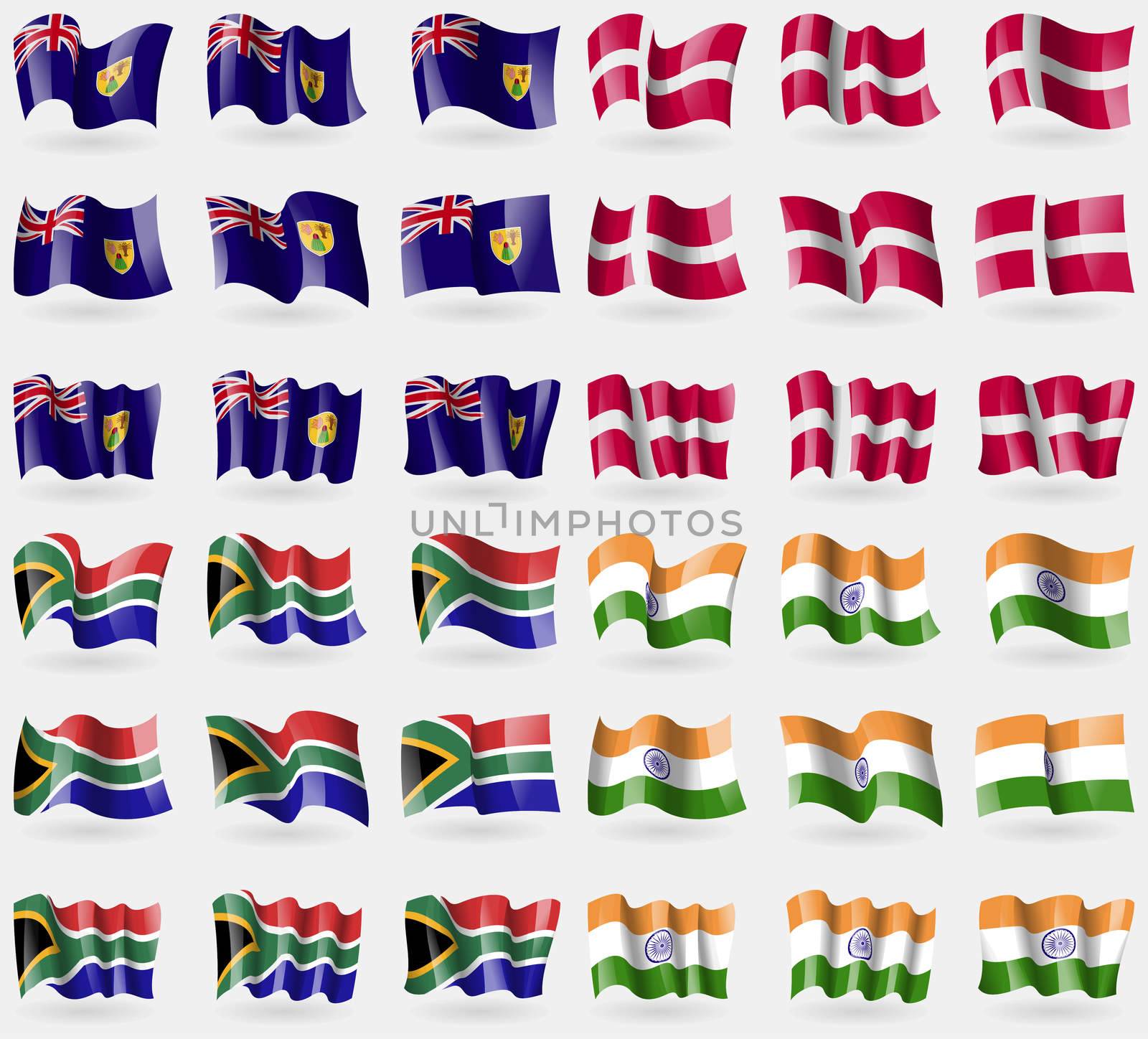 Turks and Caicos, Denmark, South Africa, India. Set of 36 flags of the countries of the world. illustration