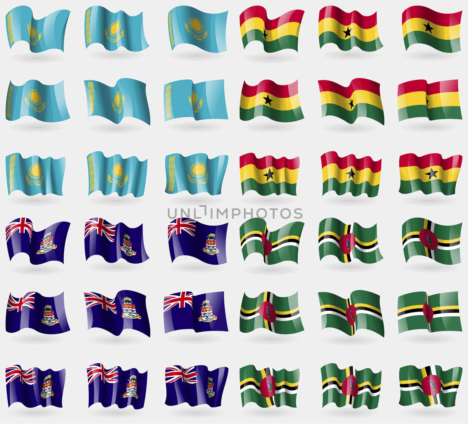 Kazakhstan, Ghana, Cayman Islands, Dominica. Set of 36 flags of the countries of the world. illustration