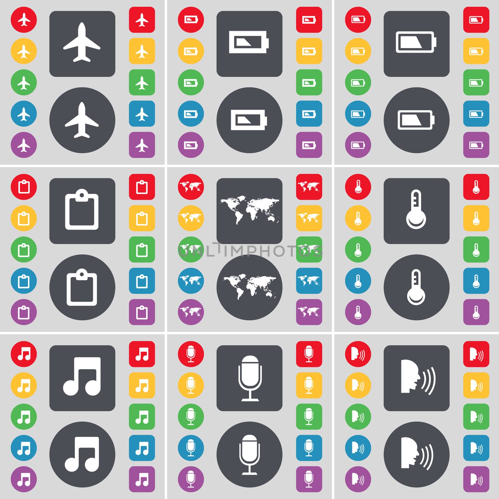 Airplane, Battery, Survey, Globe, Thermometer, Note, Microphone, Talk icon symbol. A large set of flat, colored buttons for your design. illustration
