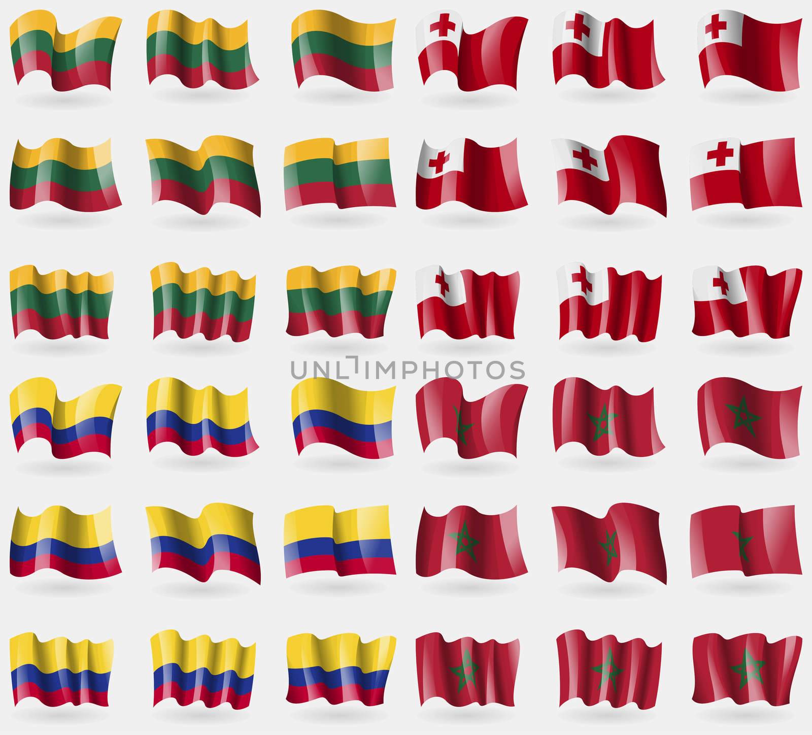 Lithuania, Tonga, Colombia, Morocco. Set of 36 flags of the countries of the world. illustration