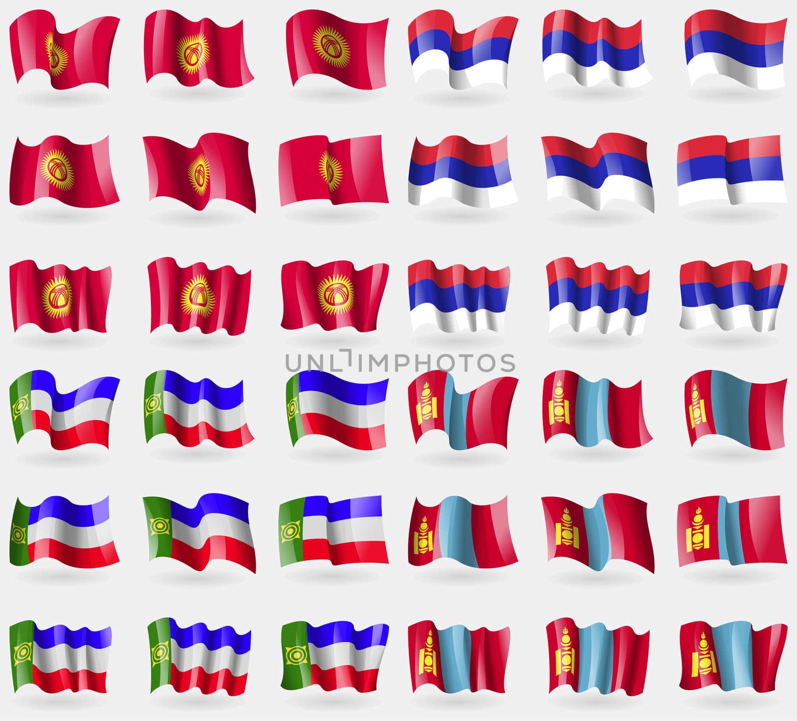 Kyrgyzstan, Republika Srpska, Khakassia, Mongolia. Set of 36 flags of the countries of the world.  by serhii_lohvyniuk