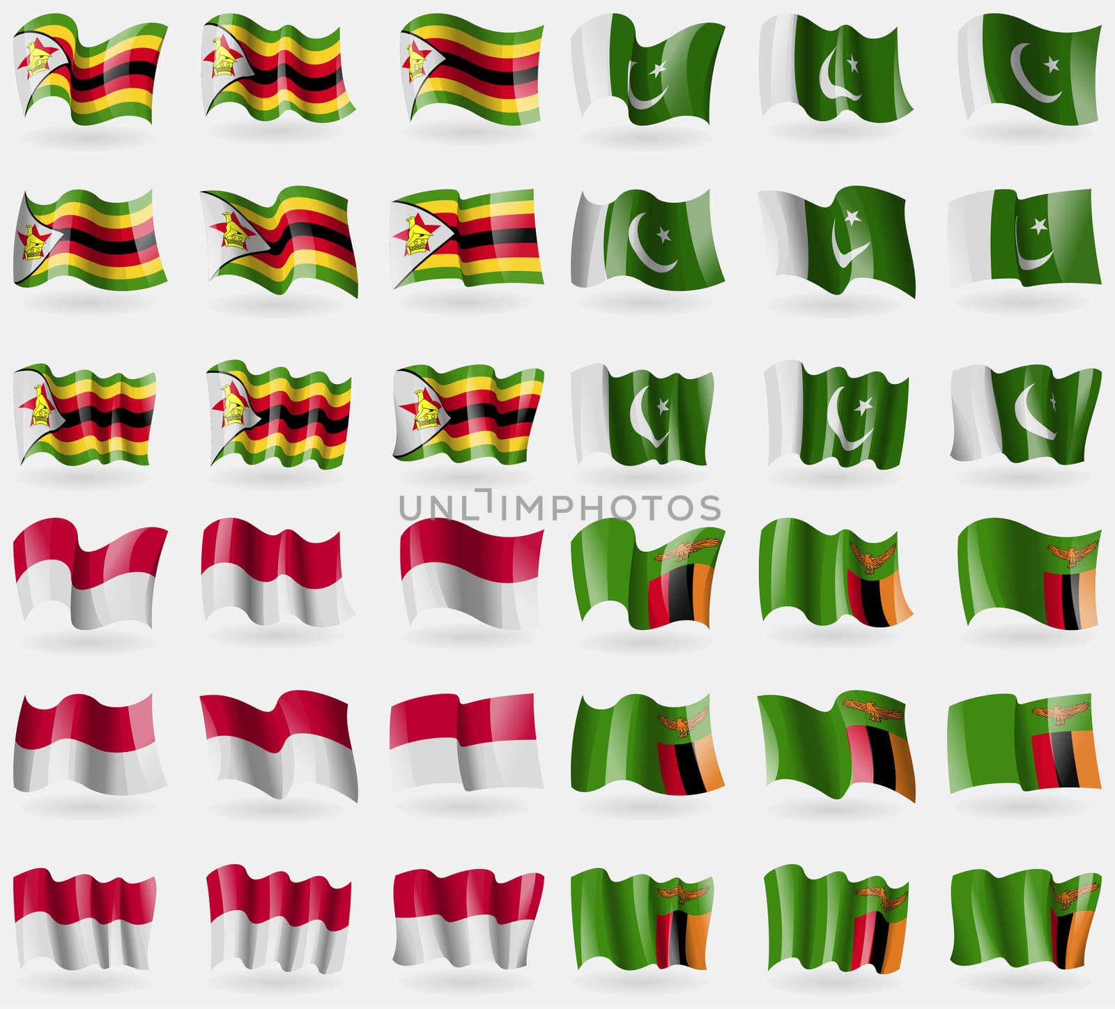 Zimbabwe, Pakistan, Indonesia, Zambia. Set of 36 flags of the countries of the world.  by serhii_lohvyniuk