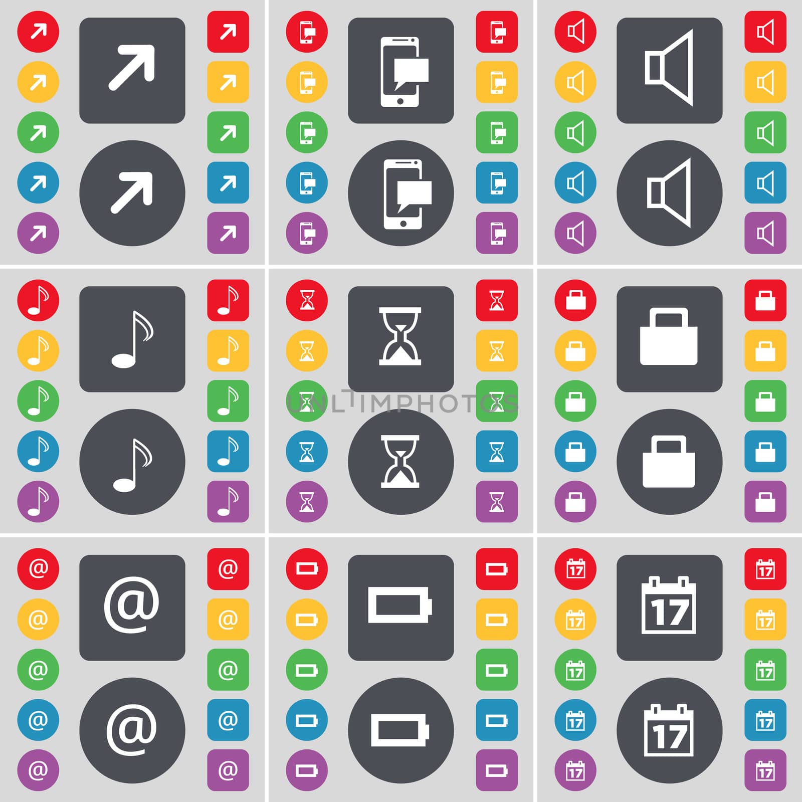 Full screen, SMS, Sound, Note, Hourglass, Lock, Mail, Battery, Calendar icon symbol. A large set of flat, colored buttons for your design. illustration