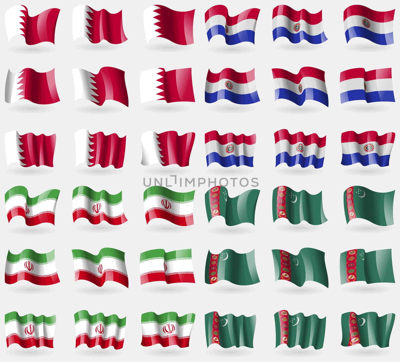 Bahrain, Paraguay, Iran, Turkmenistan. Set of 36 flags of the countries of the world.  by serhii_lohvyniuk
