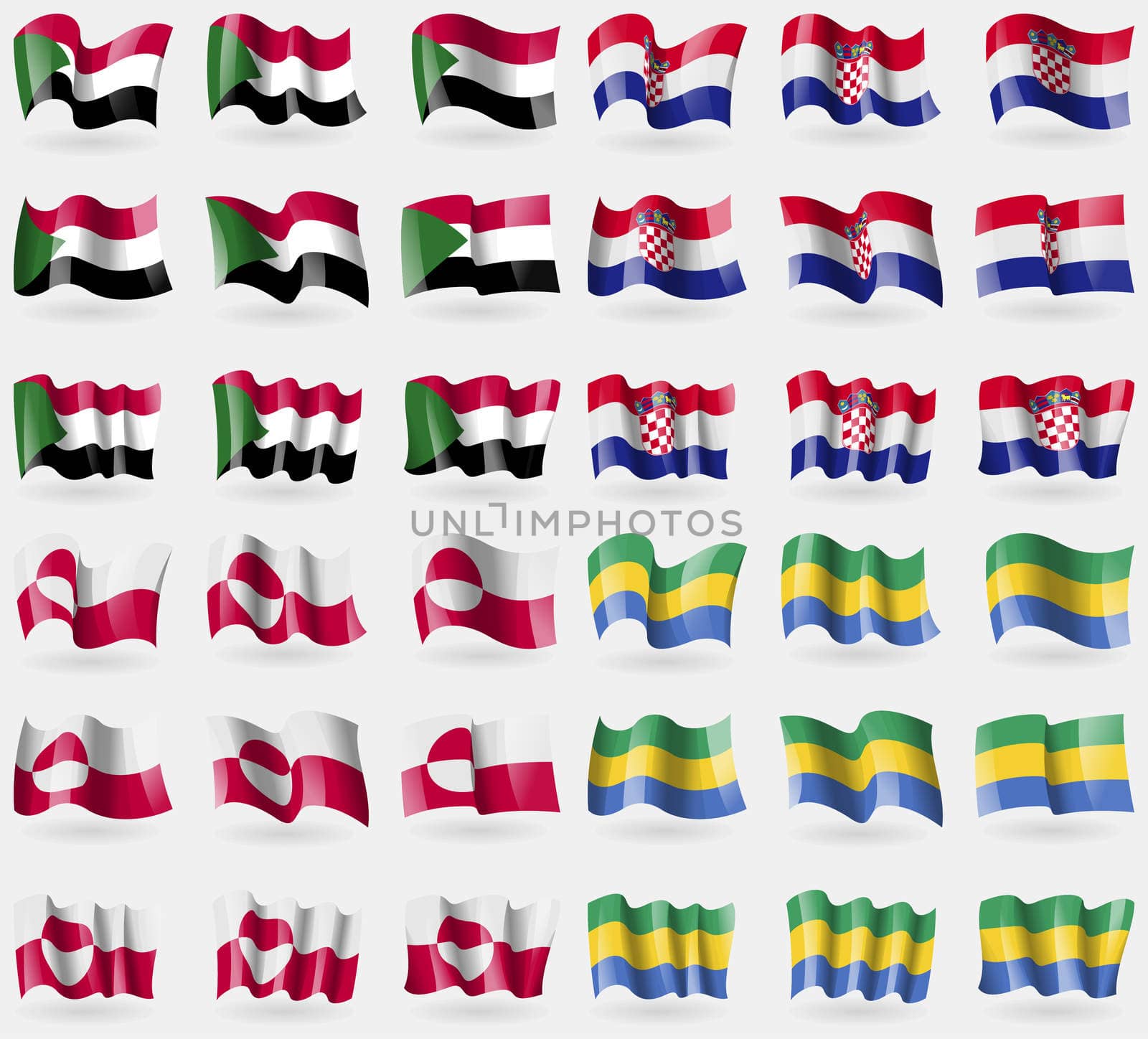 Sudan, Croatia, Greenland, Gabon. Set of 36 flags of the countries of the world.  by serhii_lohvyniuk