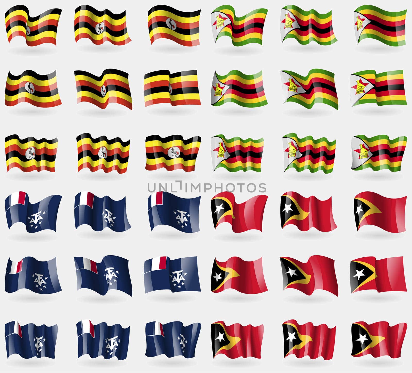 Uganda, Zimbabwe, French and Antarctic, East Timor. Set of 36 flags of the countries of the world. illustration