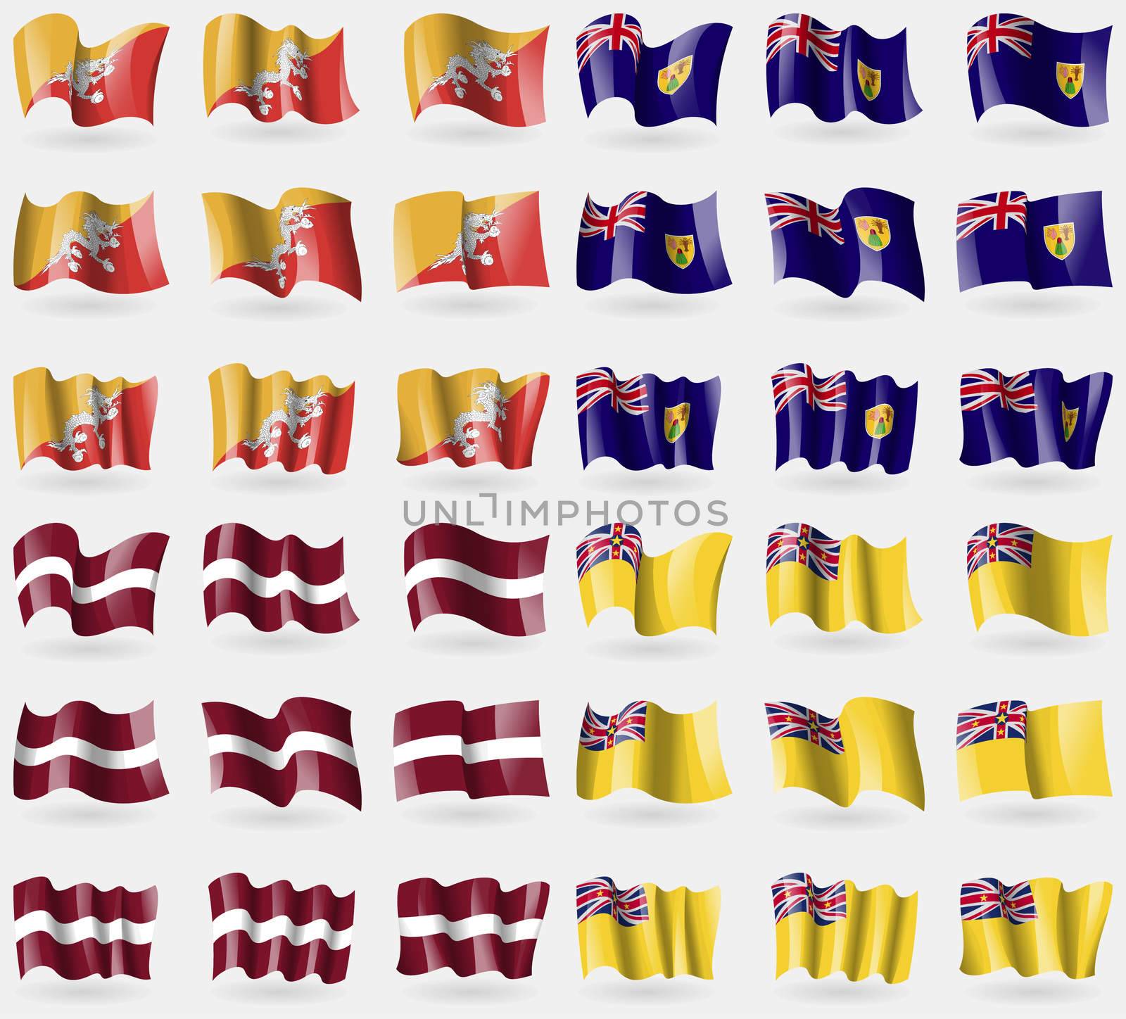 Bhutan, Turks and Caicos, Latvia, Niue. Set of 36 flags of the countries of the world. illustration