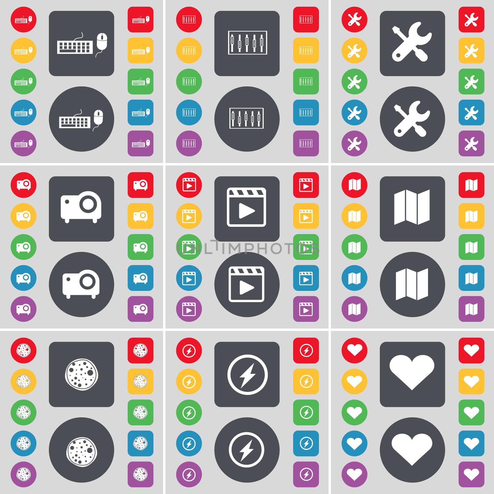 Keyboard, Equalizer, Wrench, Projector, Media player, Map, Pizza, Flash, Heart icon symbol. A large set of flat, colored buttons for your design. illustration