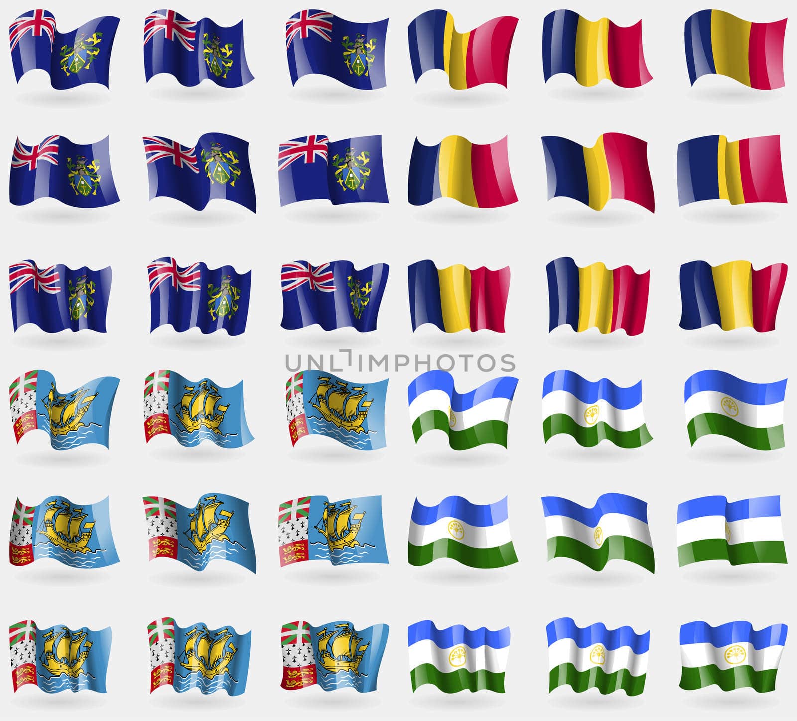Pitcairn Islands, Chad, Saint Pierre and Miquelon, Bashkortostan. Set of 36 flags of the countries of the world.  by serhii_lohvyniuk
