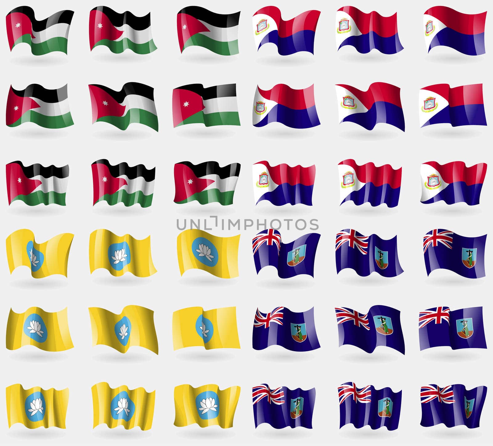 Jordan, Saint Martin, Kamykia, Montserrat. Set of 36 flags of the countries of the world. illustration