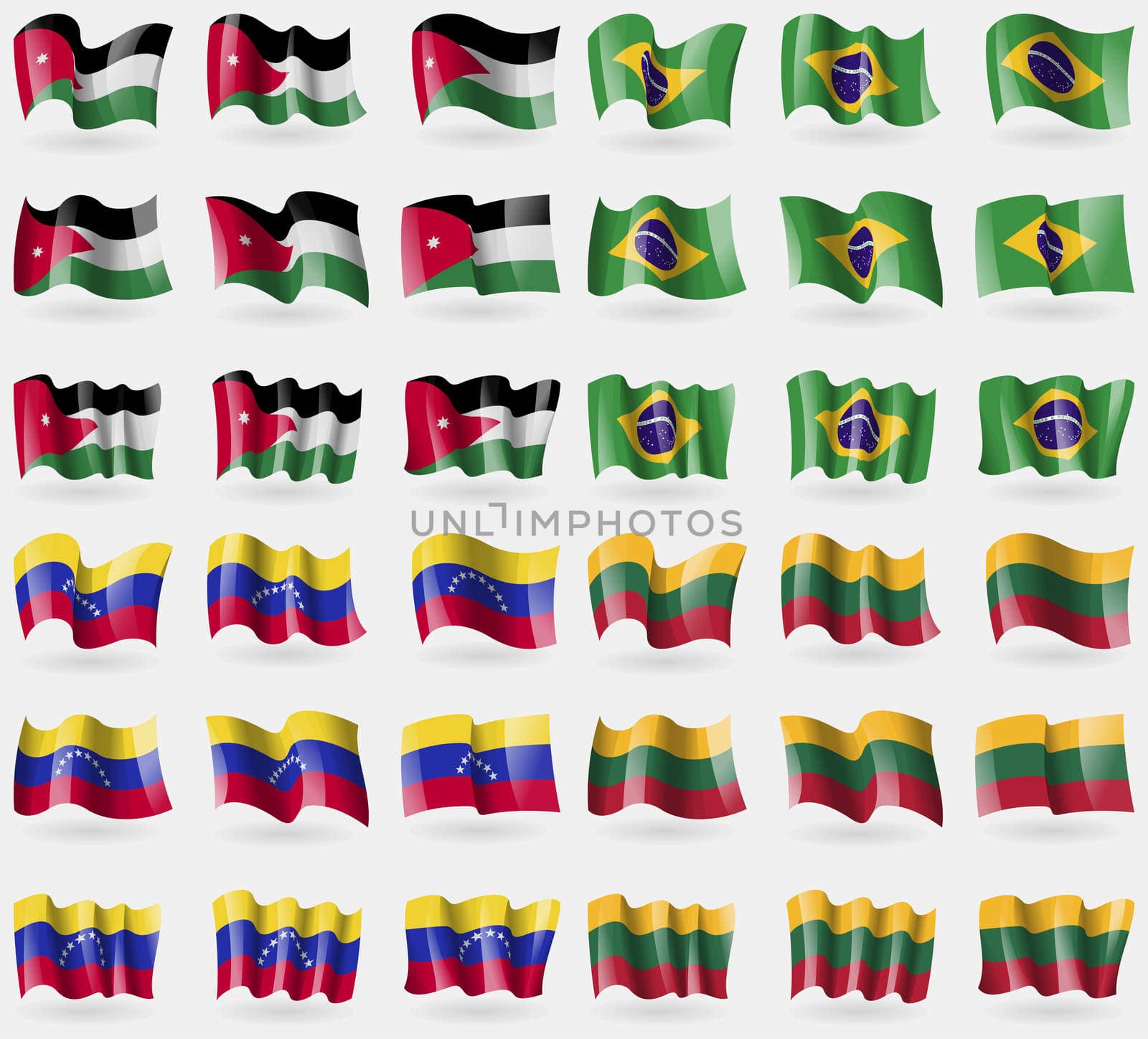 Jordan, Brazil, Venezuela, Lithuania. Set of 36 flags of the countries of the world.  by serhii_lohvyniuk