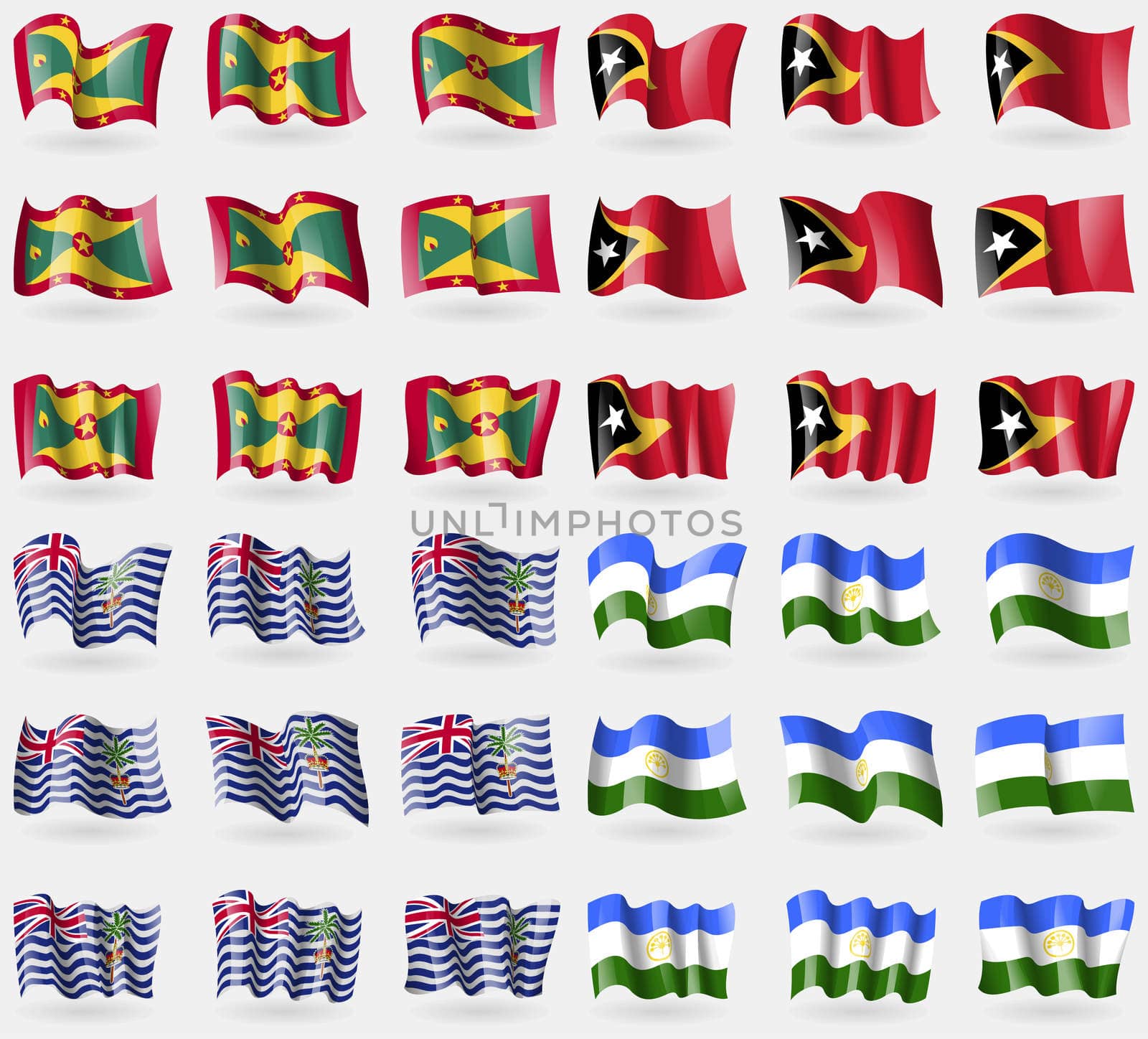 Grenada, East Timor, British Indian Ocean Territory, Bashkortostan. Set of 36 flags of the countries of the world. illustration