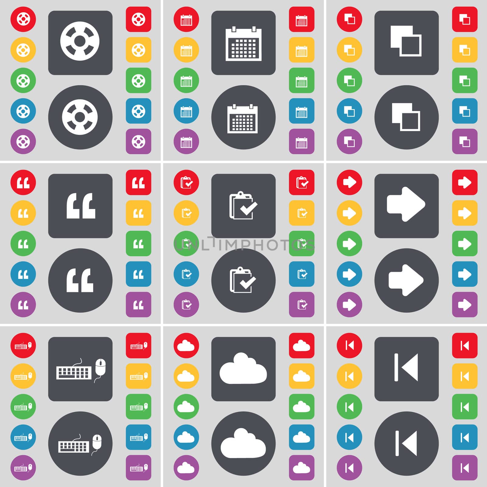 Videotape, Calendar, Copy, Quotation mark, Survey, Arrow right, Keyboard, Cloud, Media skip icon symbol. A large set of flat, colored buttons for your design. illustration