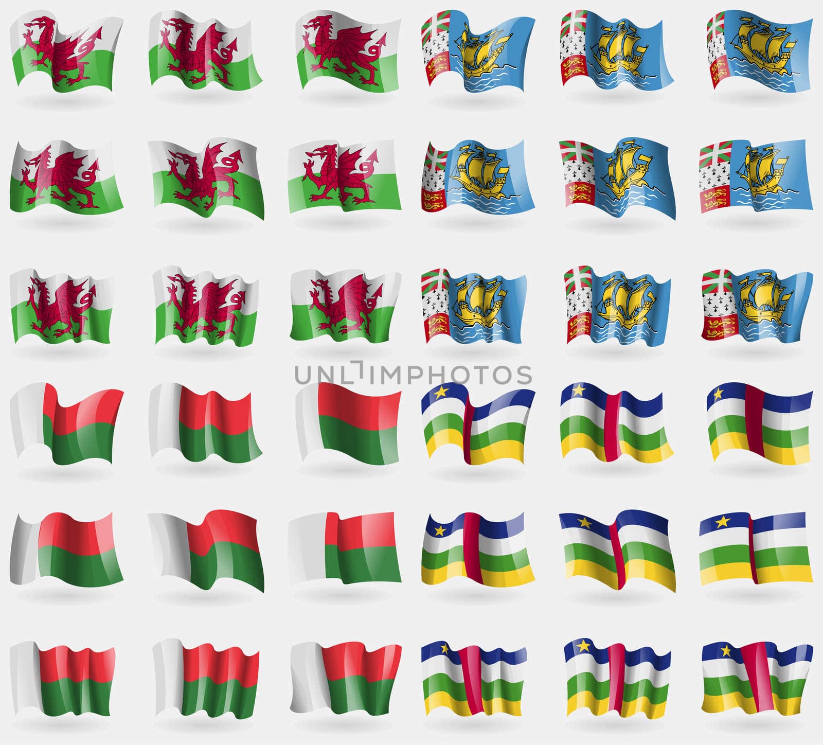 Wales, Saint Pierre and Miquelon, Madagascar, Central African Republic. Set of 36 flags of the countries of the world.  by serhii_lohvyniuk