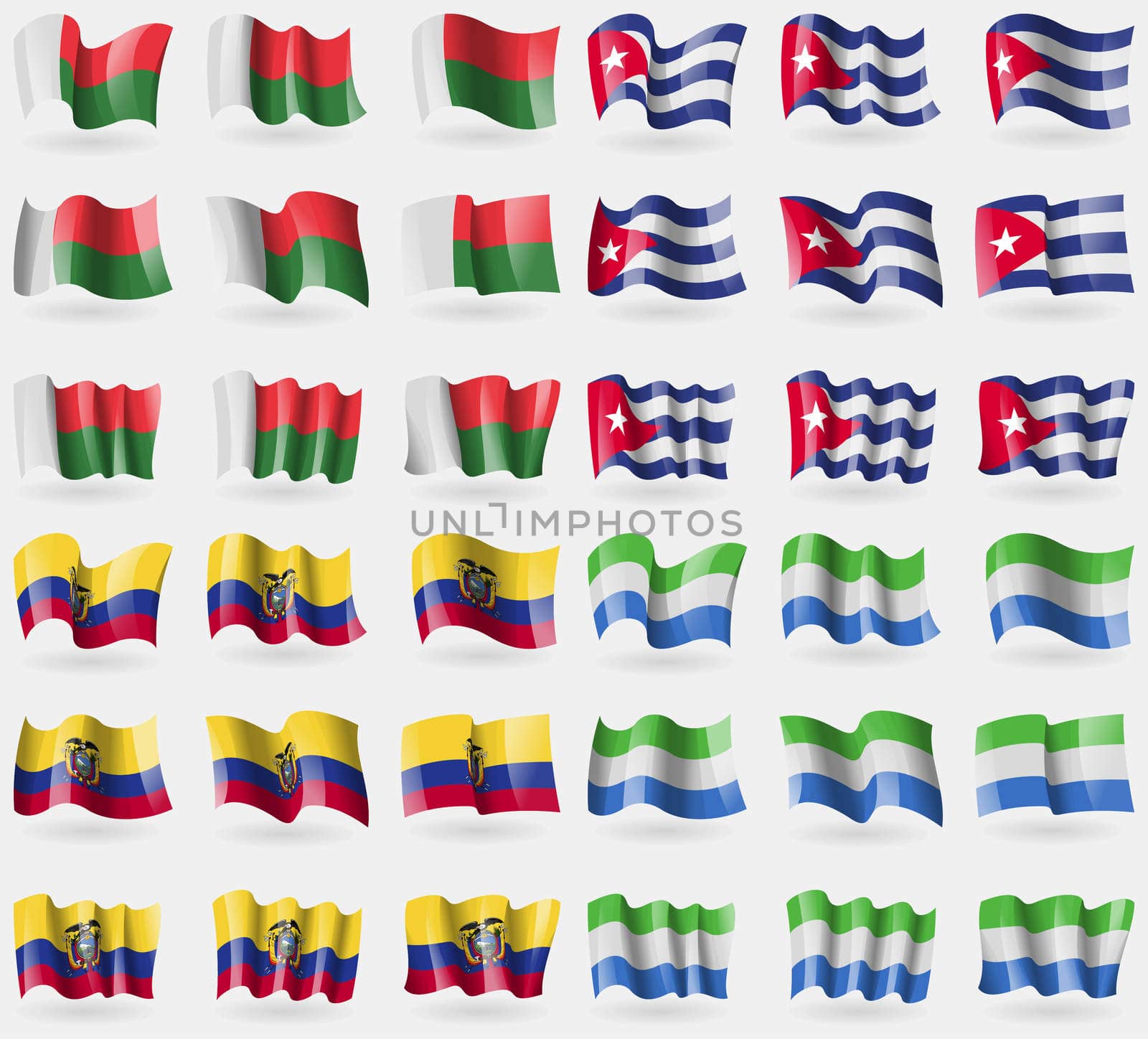 Madagascar, Cuba, Ecuador, Sierra Leone. Set of 36 flags of the countries of the world.  by serhii_lohvyniuk