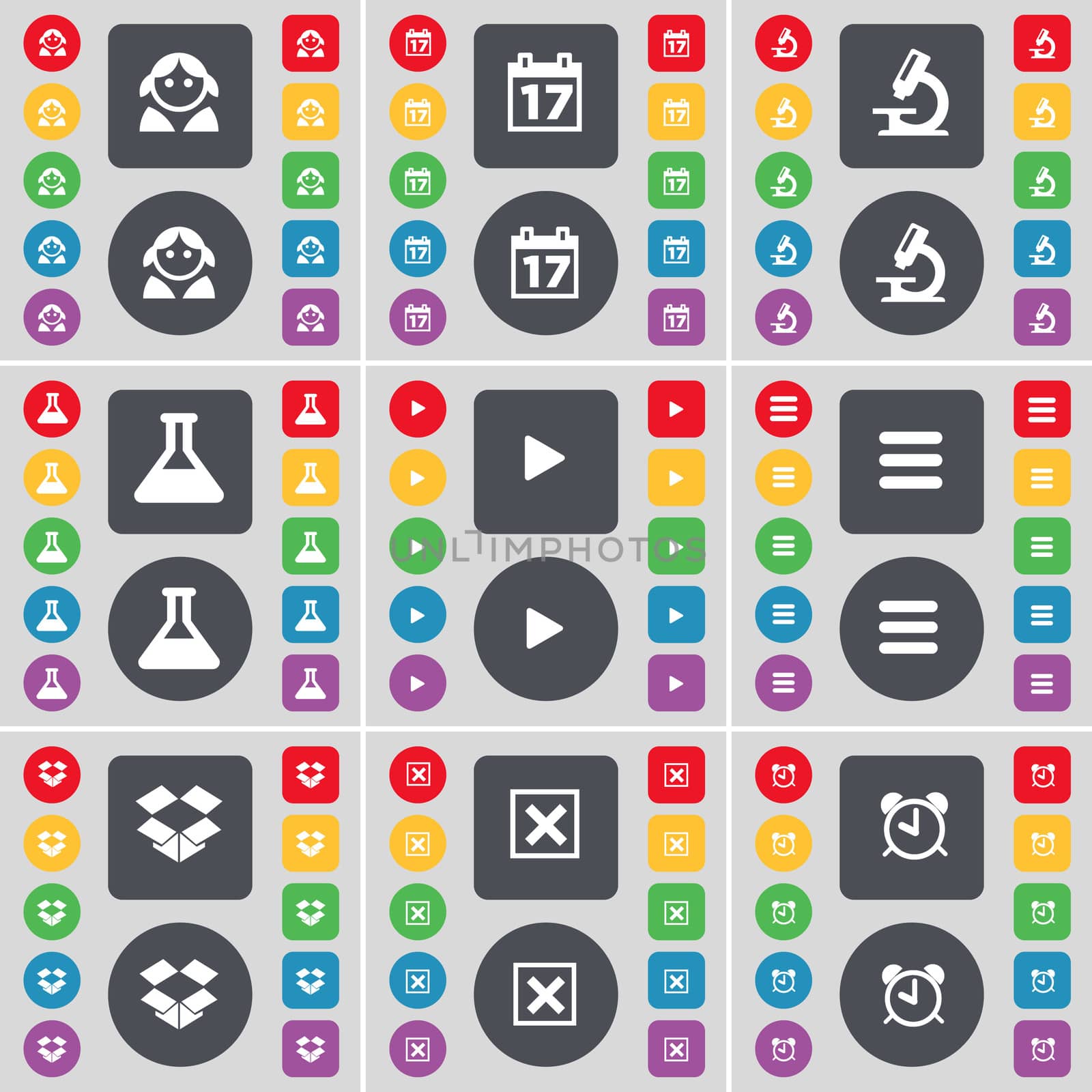 Avatar, Calendar, Microscope, Flask, Media play, Apps, Dropbox, Stop, Alarm clock icon symbol. A large set of flat, colored buttons for your design. illustration