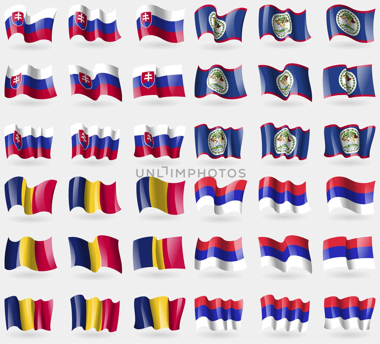 slovakia, Belize, Chad, Republika Srpska. Set of 36 flags of the countries of the world.  by serhii_lohvyniuk