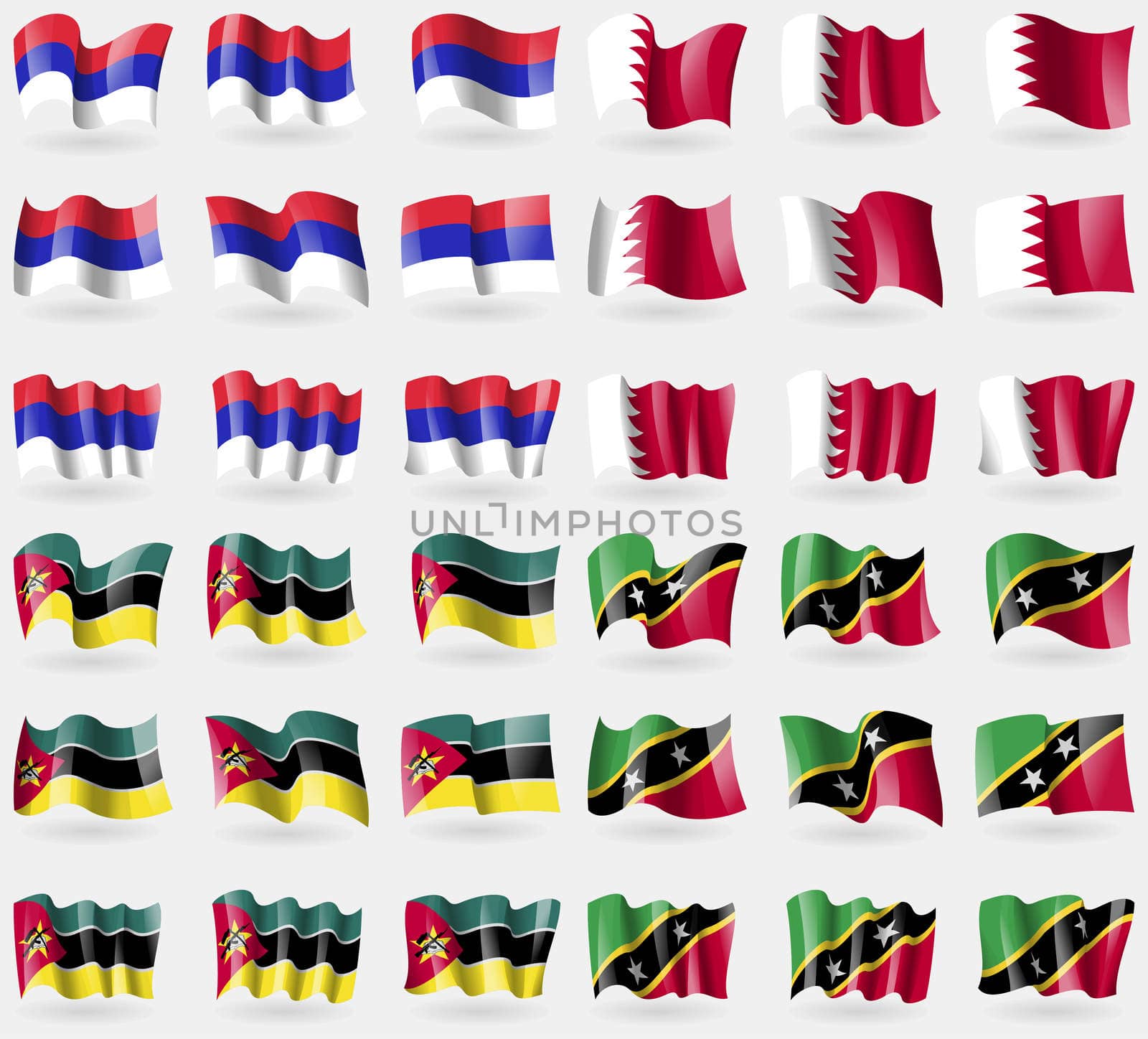 Republika Srpska, Bahrain, Mozambique, Saint Kitts and Nevis. Set of 36 flags of the countries of the world. illustration