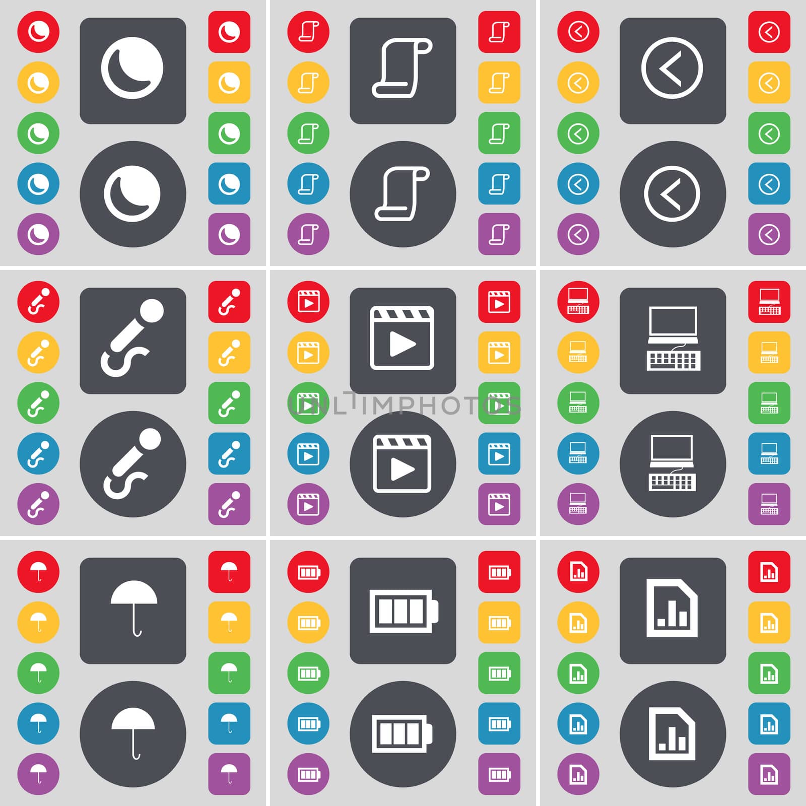 Moon, Scroll, Arrow left, Microphone, Media player, Laptop, Umbrella, Battery, Diagram file icon symbol. A large set of flat, colored buttons for your design.  by serhii_lohvyniuk
