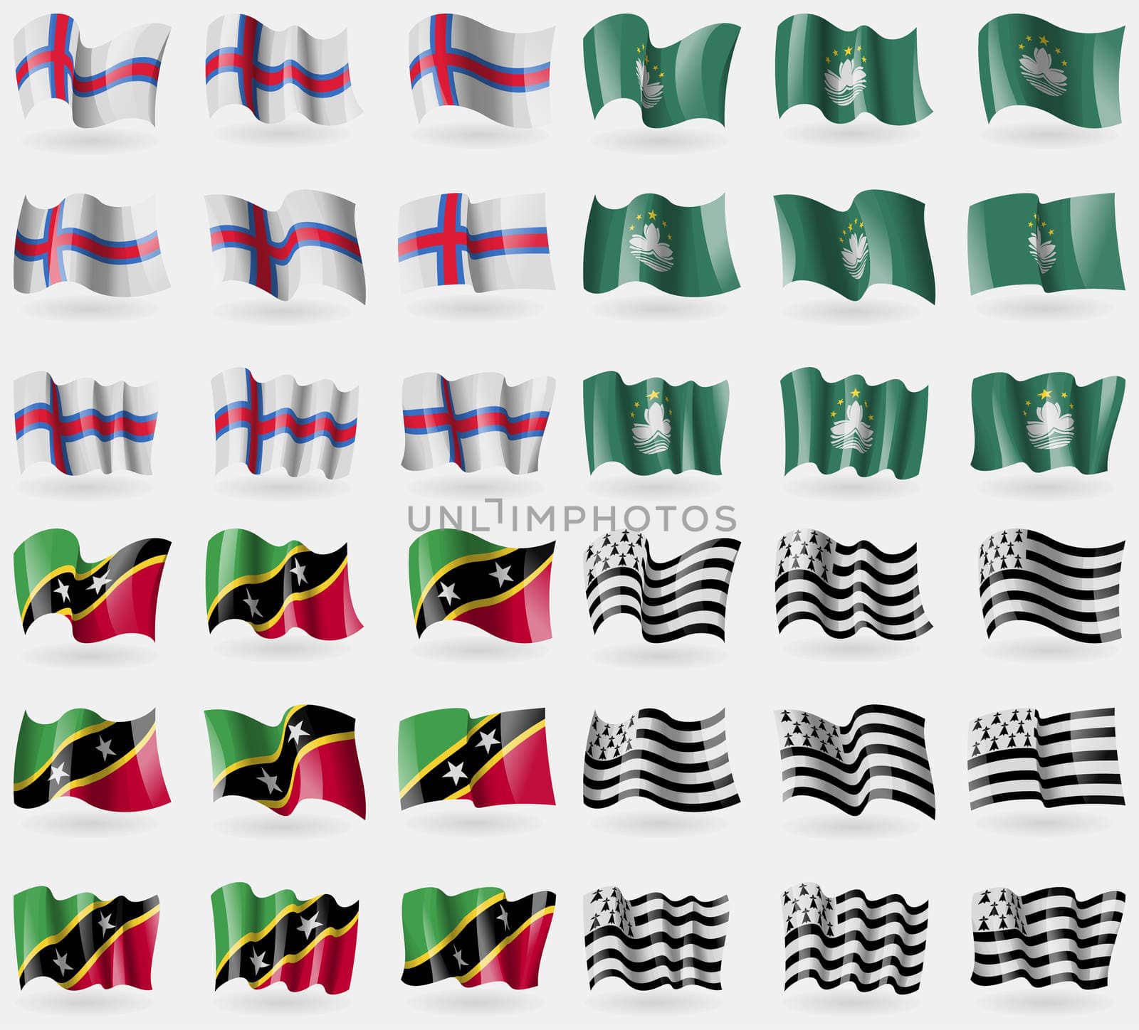 Faroe Islands, Macau, Saint Kitts and Nevis, Brittany. Set of 36 flags of the countries of the world. illustration