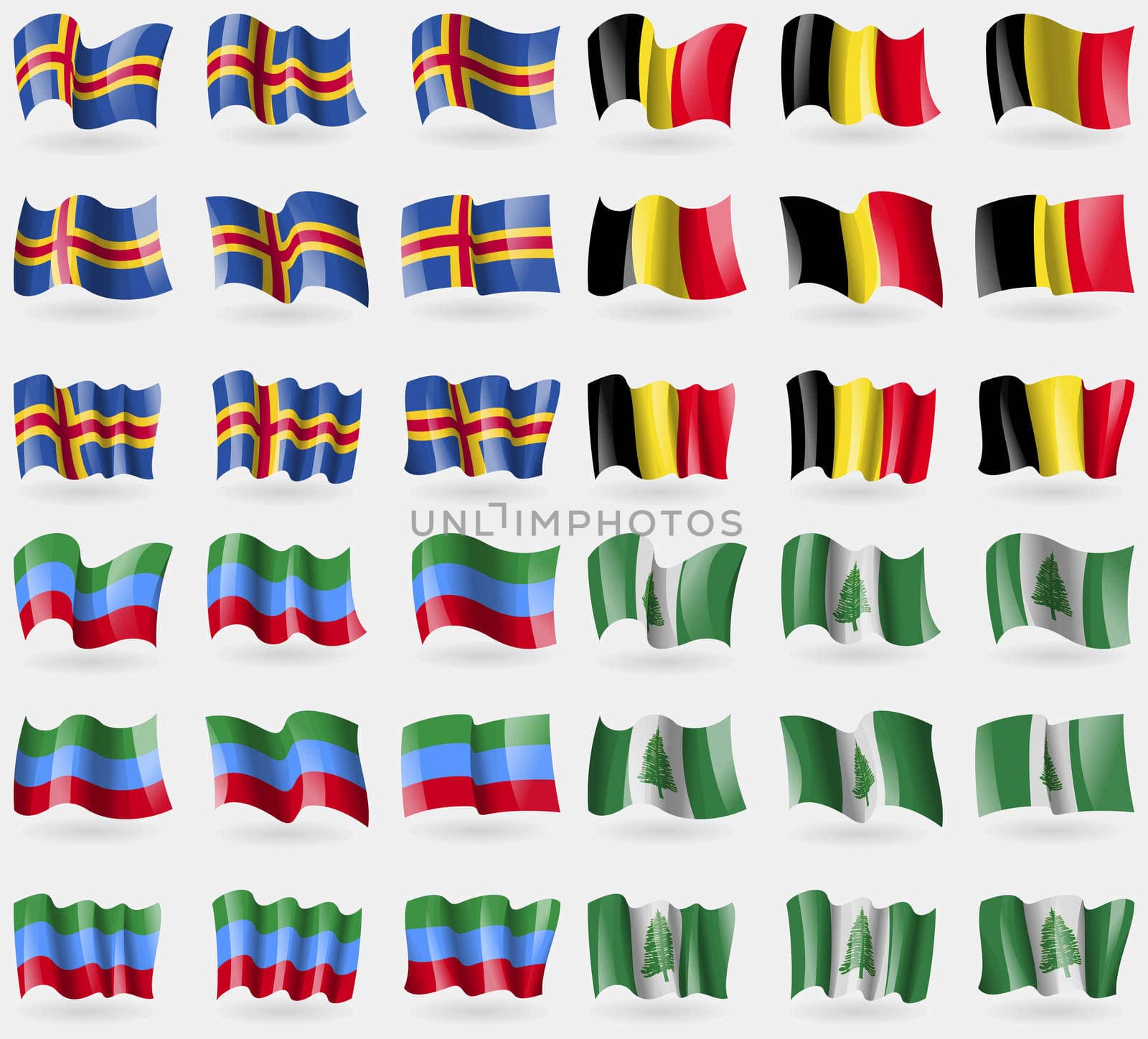 Aland, Belgium, Dagestan, Norfolk Island. Set of 36 flags of the countries of the world. illustration
