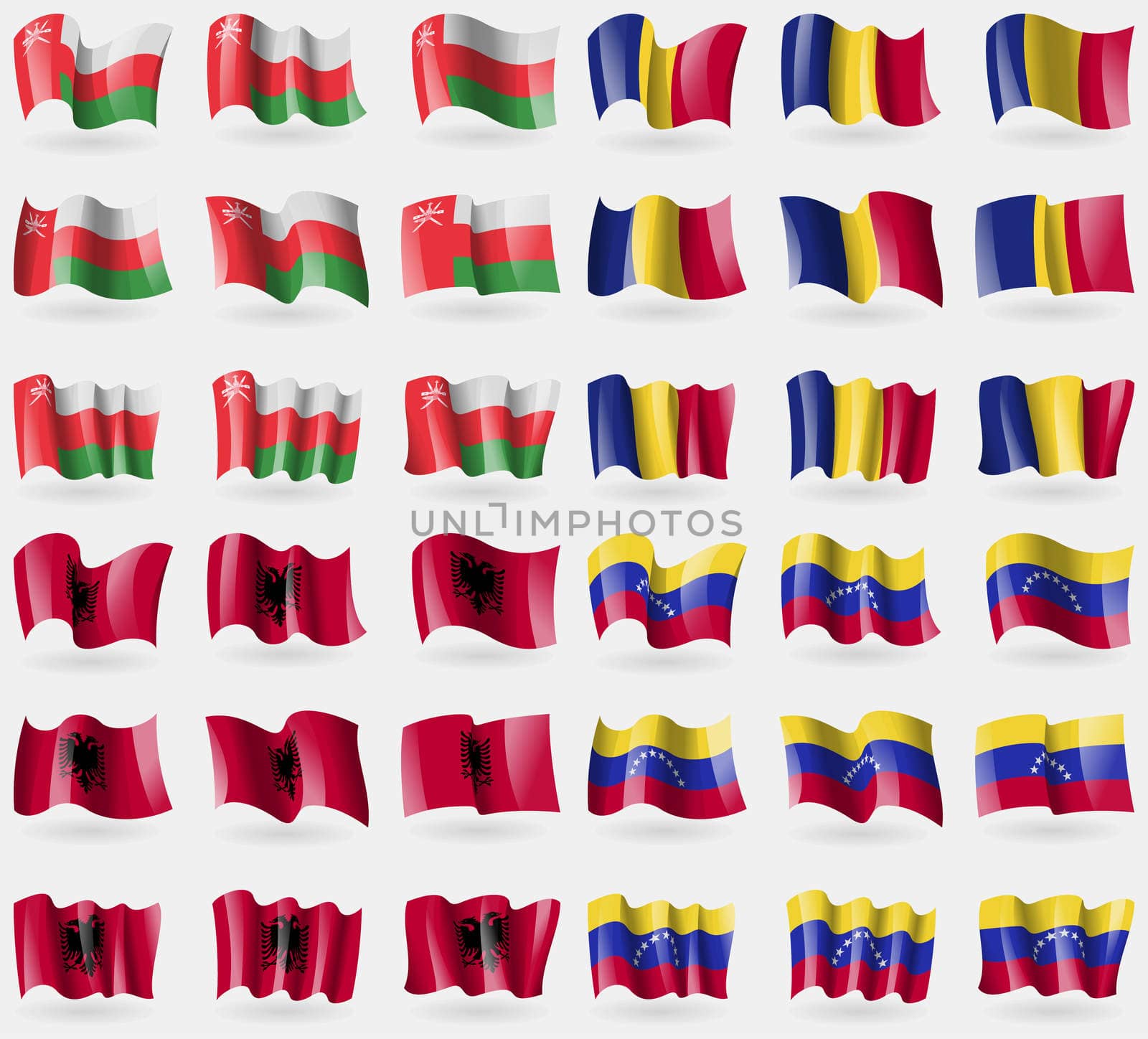 Oman, Romania, Albania, Venezuela. Set of 36 flags of the countries of the world. illustration