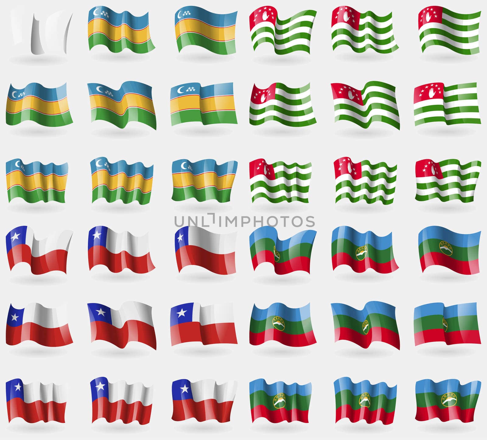 Karakalkastan, Abkhazia, Chile, KarachayCherkessia. Set of 36 flags of the countries of the world.  by serhii_lohvyniuk