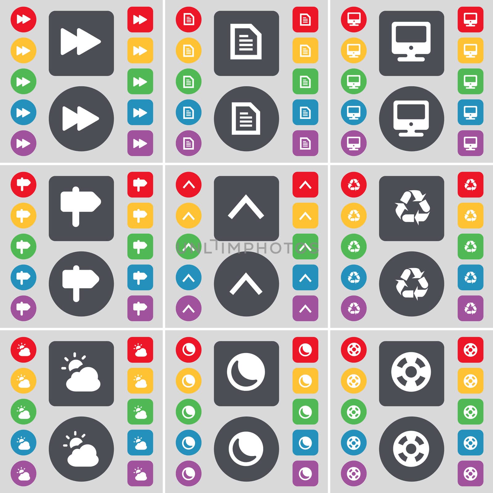Rewind, Text file, Monitor, Signpost, Arrow up, Recycling, Cloud, Moon, Videotape icon symbol. A large set of flat, colored buttons for your design. illustration